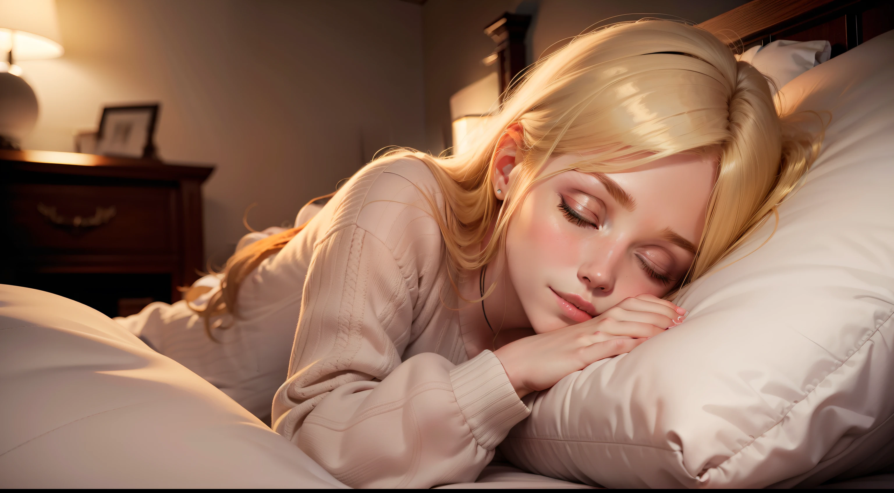 Abigail, a blonde hair young woman sleeping in bed with full clothes, at night