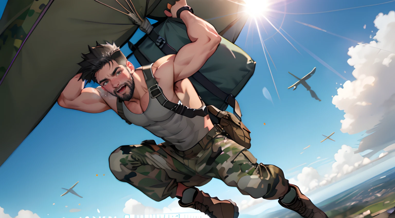 ((1boy)), male only, camouflage tank top, camouflage pants, showing his boots, vpl, bulge, stubble, muscular, best quality, depth of field, in the sky, parachuting in the sky, parachute, look at the viewer, sunshine, natural lights, detailed, masterpiece, detailed background, full body shot, full shot, blush, open mouth, embarrassed face, bent knees, hands up