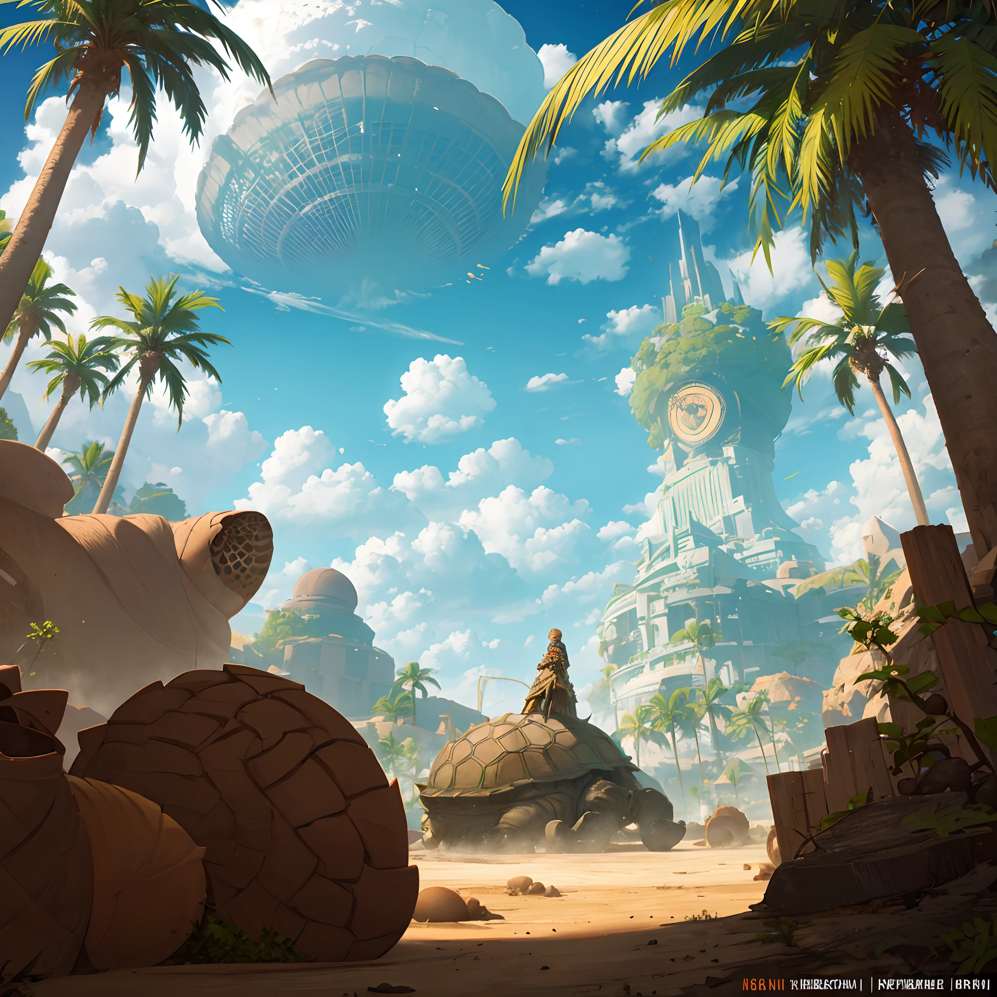 A giant tortoise stands in the desert, its shell overgrown with palm trees and forests as if it were an island.