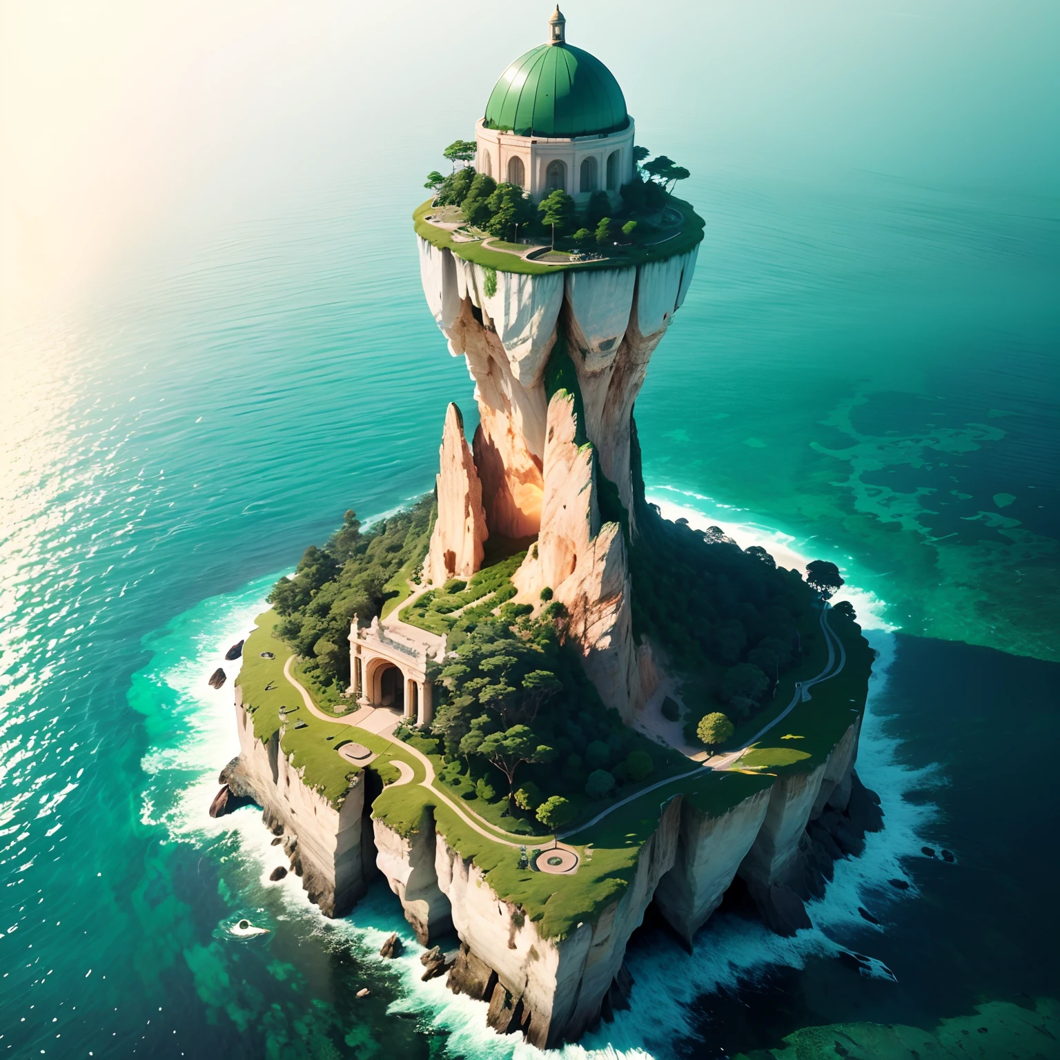 super high image, super detail, super high resolution, uninhabited island, dome-shaped island, towering cliffs, lush trees, inanimate objects, emerald green natural cave professional lighting --auto