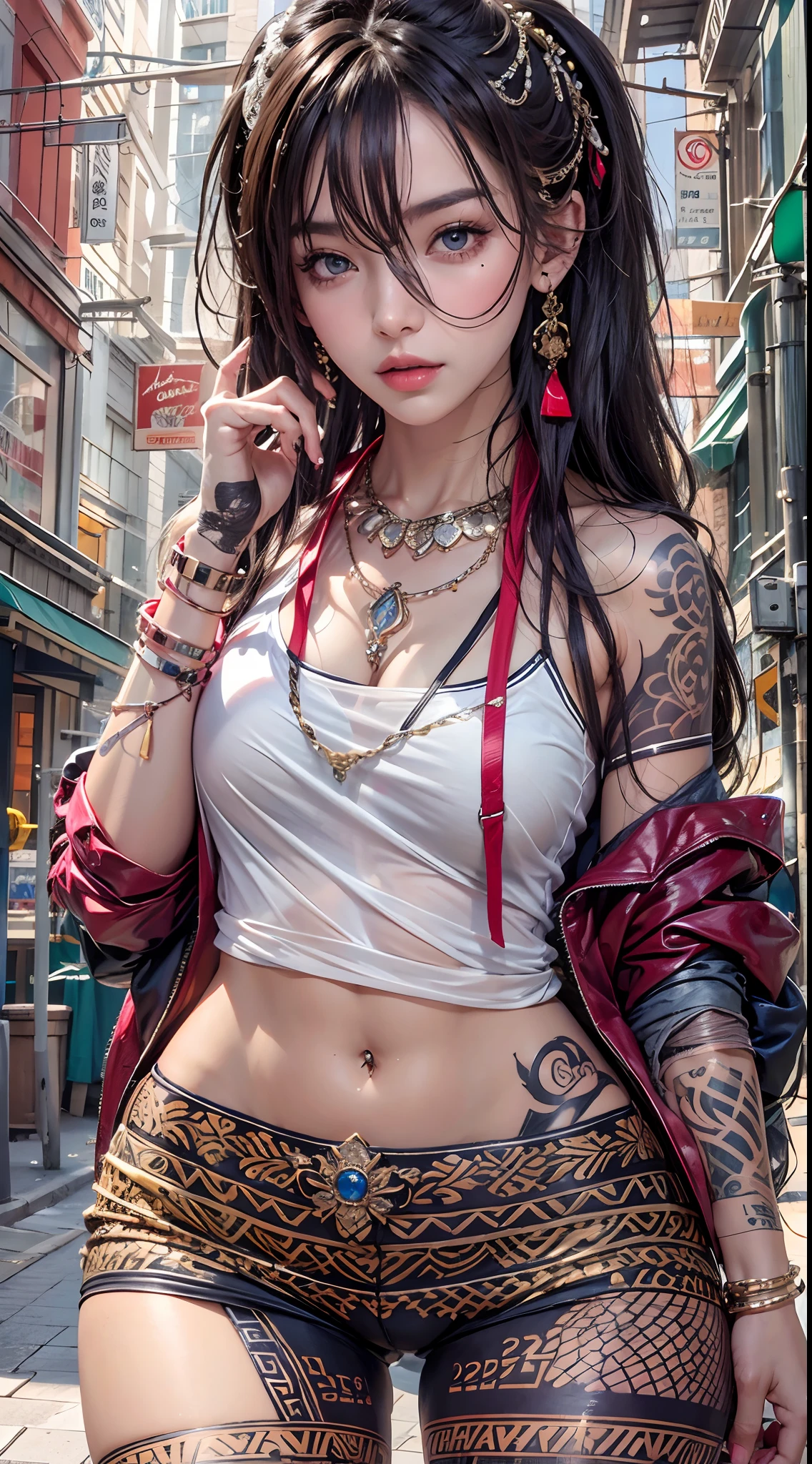 high resolution, 1 woman, hips up, Beautiful eyes, Long hair, jewelry, tattoo, street wear