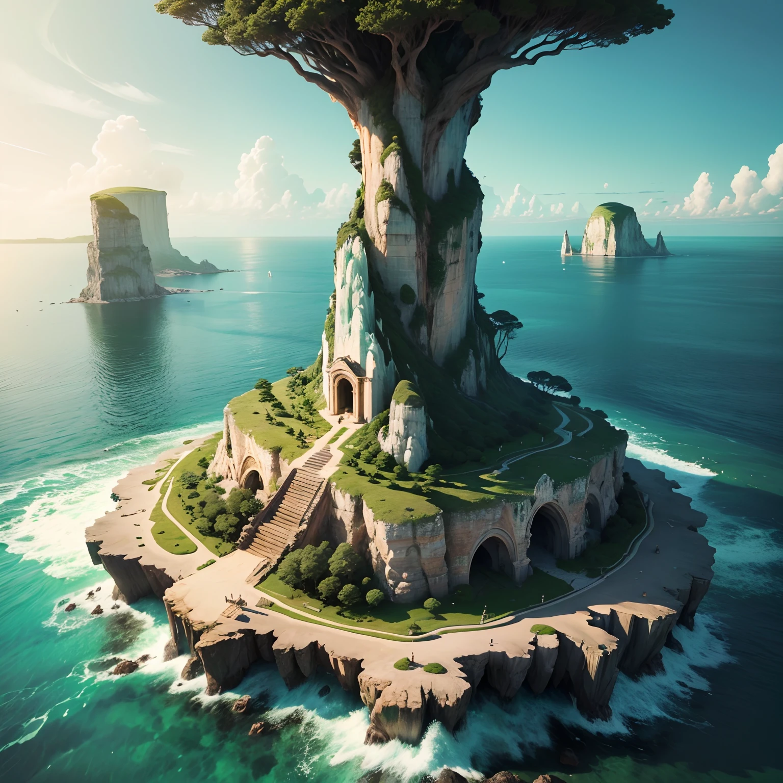 super high image, super detail, super high resolution, uninhabited island, dome-shaped island, towering cliffs, lush trees, inanimate objects, emerald green natural cave professional lighting --auto