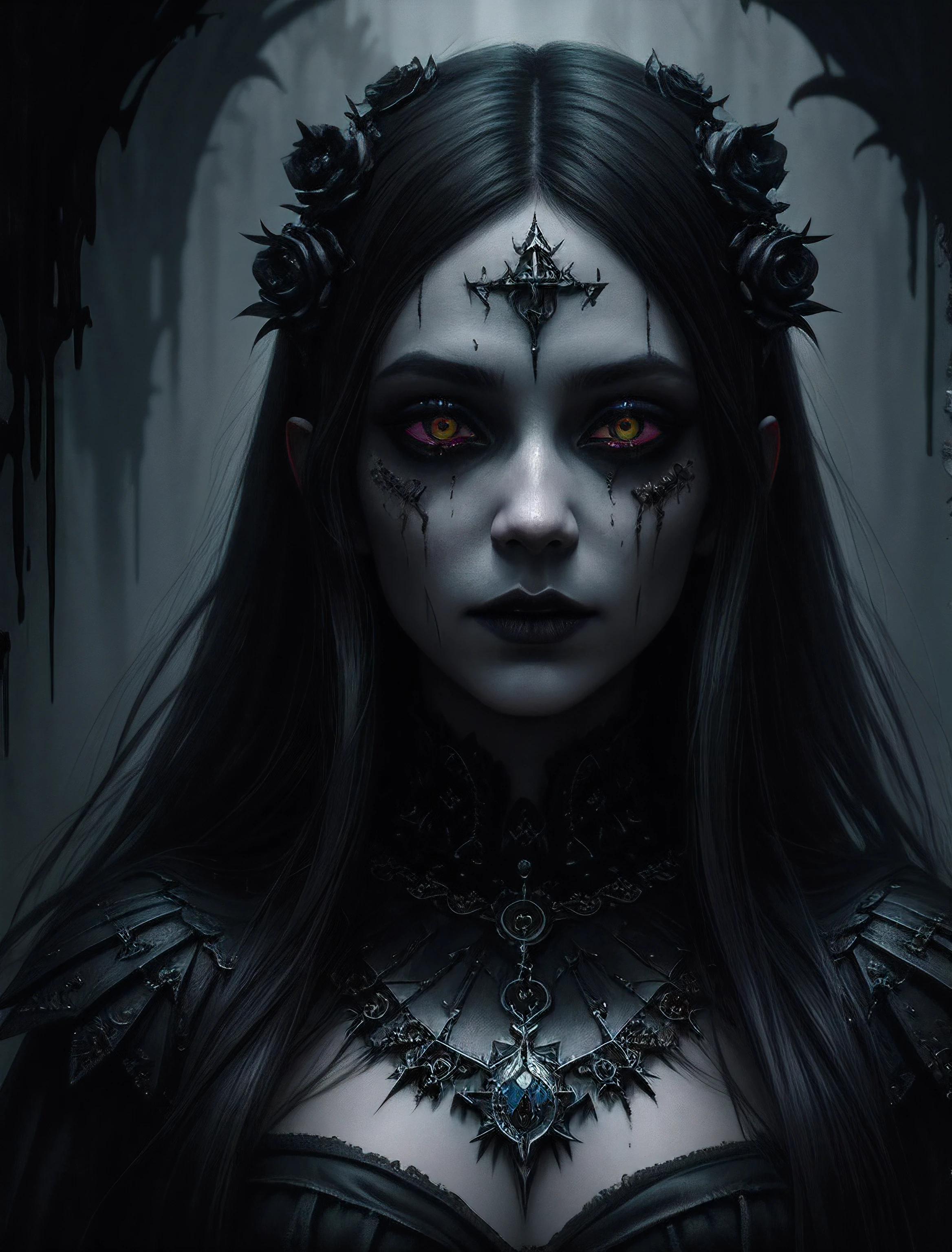 dark, unholy, evil, astral, creepy olpntng style, undead, rotting skin, mystical, nice perfect face with soft skin, concept art portrait by greg rutkowski, artgerm, hyperdetailed intricately detailed gothic art trending on artstation triadic colors, unreal engine, fantastical, intricate detail, splash screen, complementary colors, fantasy concept art, 8k resolution, gothic deviantart masterpiece, oil painting, heavy strokes, paint dripping, dark, unholy, evil, astral, creepy,