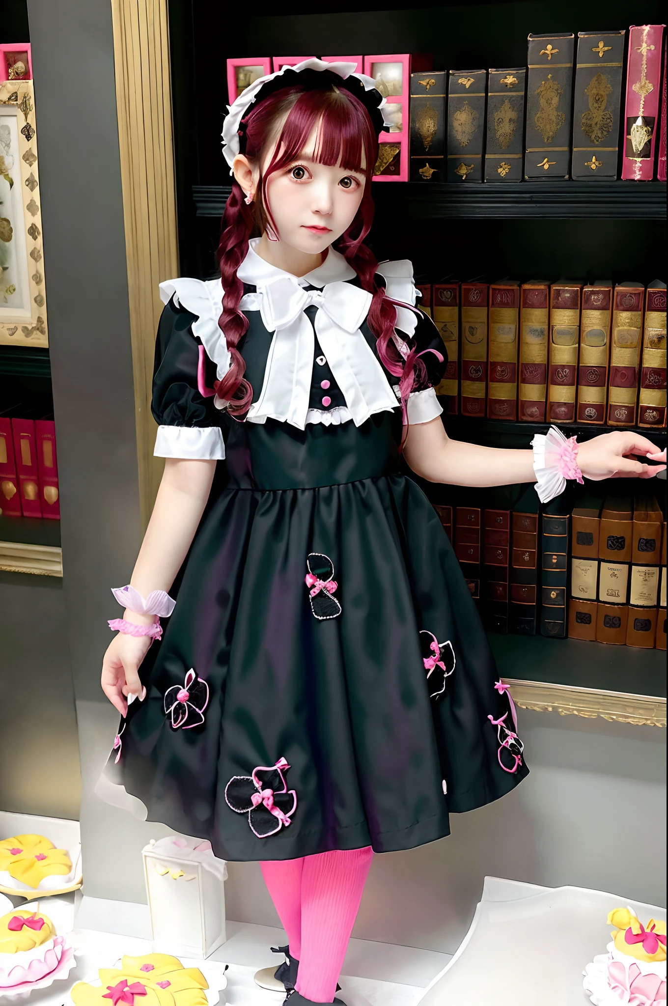 Close up portrait of woman in pink dress and black ribbon, Lolita style, Lolita Fashion, angelic pretty, Black and pink dress, maid dress, portrait of the magical Lolita girl, Lori, cosplay of a catboy! maid! Dress, rococo dress, lolish, Belle Delphine, Portrait of radical Lolita girl, loli in dress, Lolita