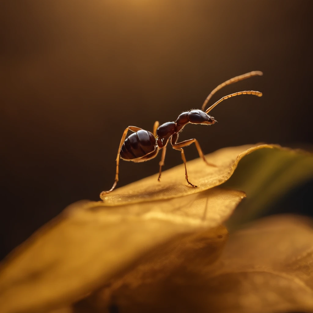 an ant standing on a piece of  a golden floating leaf in the air