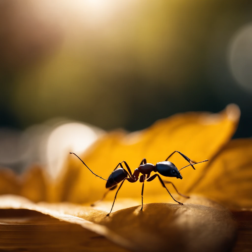 an ant standing on a piece of  a golden floating leaf in the air