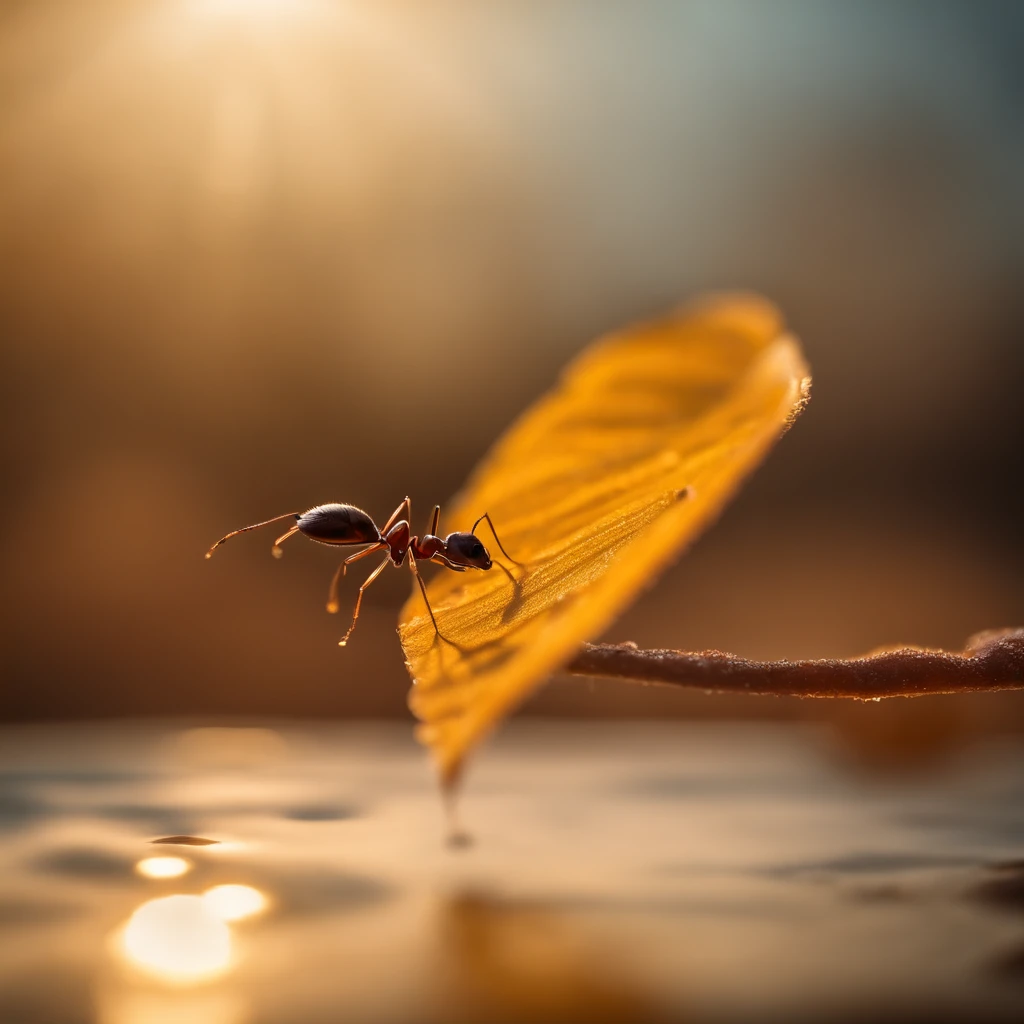an ant standing on a piece of a golden floating leaf in the air