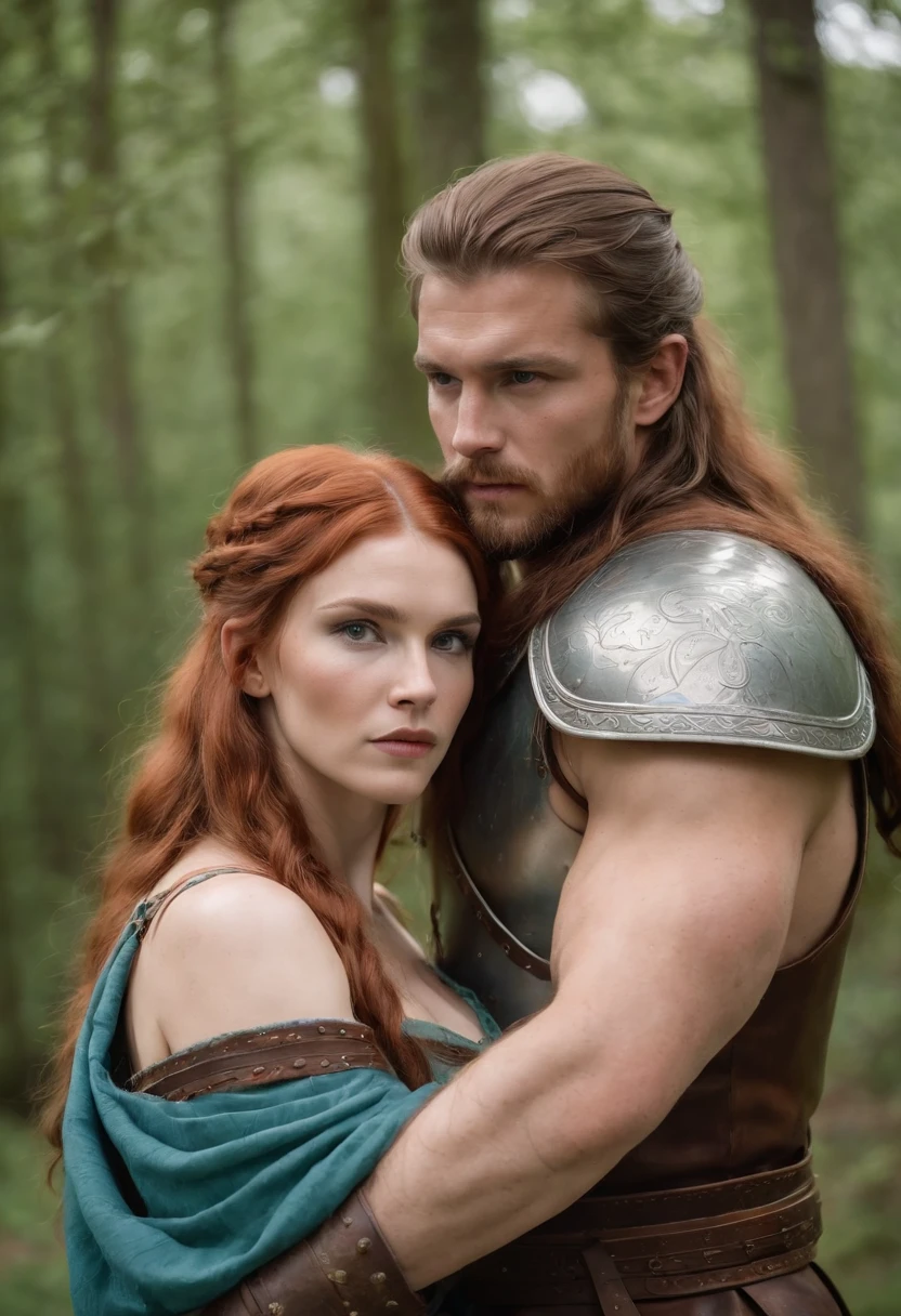 (couple man and woman) woman long red hair voluptuous shield maiden brown eyes green dress , Man Tall brown hair blue eyes Viking warrior