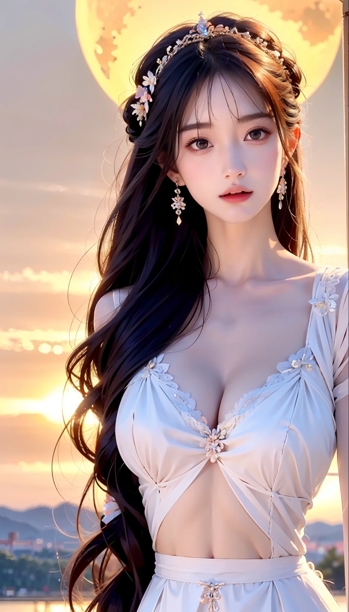 tmasterpiece,best qualtiy,(realisticlying,photo-realistic:1.37),8k,an extremely delicate and beautiful,astounding,finedetail,offcial art,absurderes,Incredibly Ridiculous res,Fly in the sky,long white hair,hugefilesize,ultra - detailed,extremely detaile,Beautiful Meticulous Girl,1girll,(perfect female shape),full bodyesbian,Huge breasts,