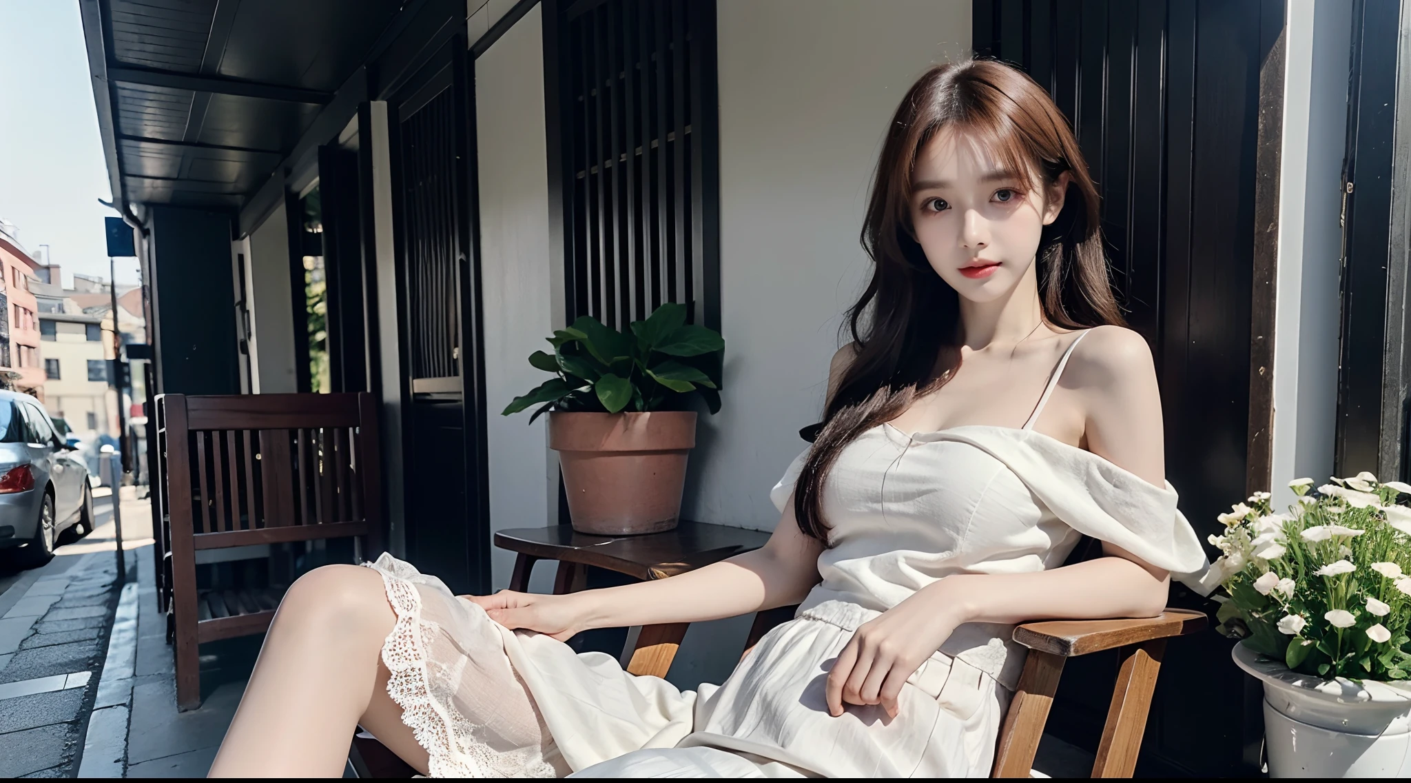 (High-resolution 8K raw photos are realistic,best qualtiy)，Fashion trendy beautiful and charming woman，gentle and charming Chinese beautiful woman，Korea,Kpop idol，delicate and sexy collarbones，charming oval face，二重まぶた，Ingenious[peaches]flower eyes，redish pink lips，small-nose，exposed bare shoulders，focus at face，closeup of face，Hyper-detailing，The shirt pattern is tight，Light shawl small coat，White hip wrapped skirt，Light red hair，Background bokeh，cleavage，long leges，(Seven-doppelganger shot，中景 the scene is，Solo：1.4)，Lace，lacing，head gear， Fresh and impressive， natural color，(pedestrian street，cbd,rays of sunshine，outside，LV shoulder bag for women，cellular phone)，Front light，Sitting on the side of the street，deck chair