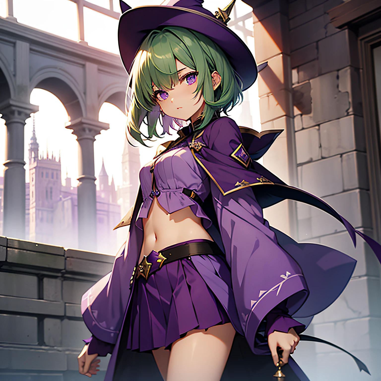 top-quality、extremely delicate and beautiful、(A teenage girl)、Purple Eye、Green hair、short-haired、(Purple pointy hat)、Purple tie、Soio、shortsleeves、Purple skirt、Purple Wizard Robe、Navel、is standing