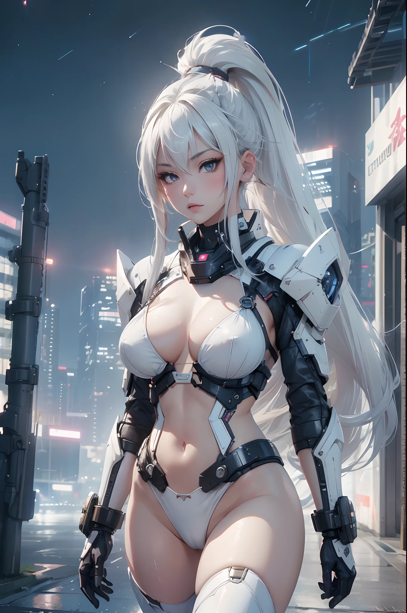 (8K, best quality, high-resolution:1.4), (masterpiece: 1.2), ((1 girl)), Full body, large breast, white hair, ponytail hair, Expose cleavage, beautiful detailed girl, light makeup, clear facial features, dramatic lighting, (realistic bikini), girl in lingerie, exoskeleton, cyberware, cyberpunk, futuristic, dystopian city, ((night), badass girl, attractive girl