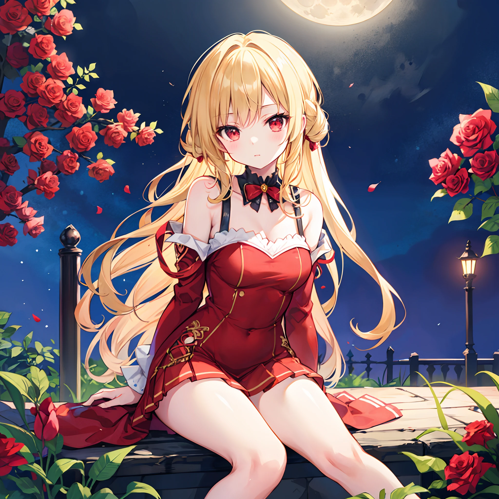 Wavy blonde、red eyes、Beautiful girl alone、Bright red dress、off shoulders、a miniskirt、sitting on、rose garden、a moon