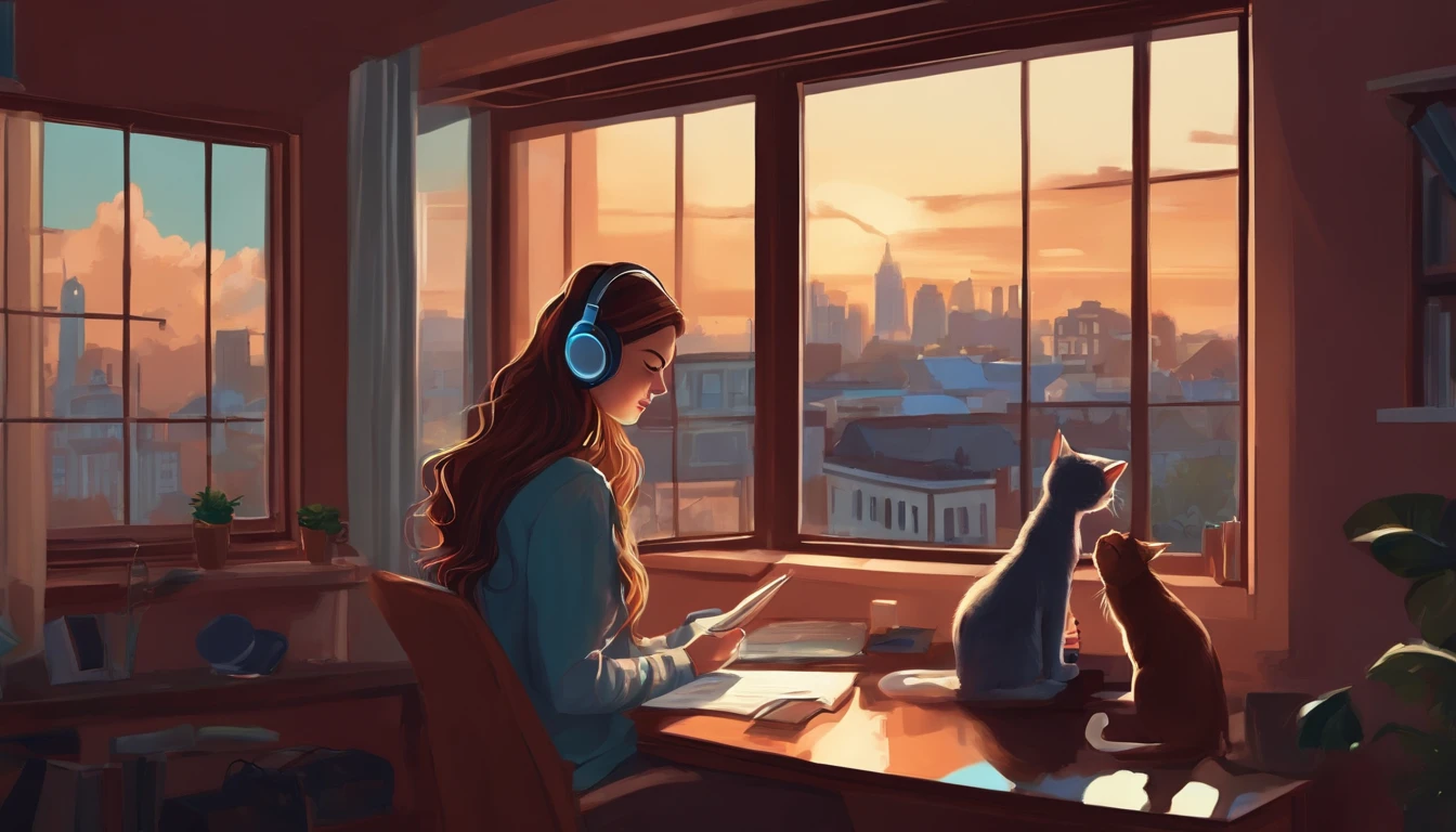 beautiful girl, studying in room, with headphones, with cat,  window with city, lo-fi illustration style.
