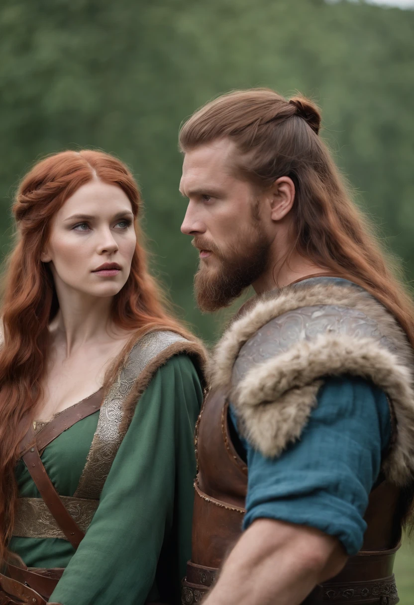 (couple man and woman) woman long red hair voluptuous shield maiden brown eyes green dress , Man Tall brown hair blue eyes Viking warrior