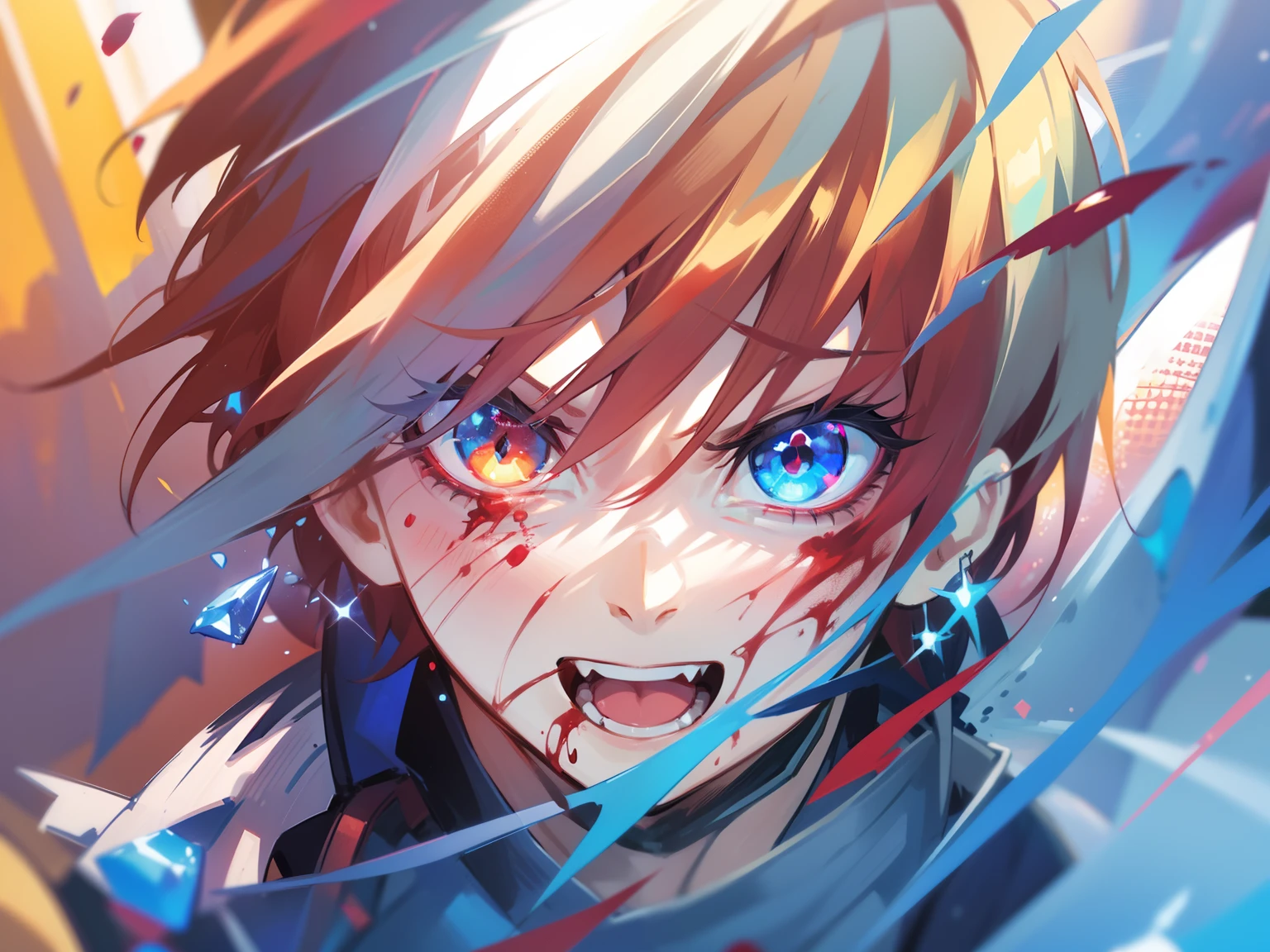 1boy, right cheek cracked burst into blue,His eyes were bleeding, his left cheek was bleeding, hapy, right eye red, left eye blue, ultra detail, realistic, 70mm inc, full angry, full blad, the right eye is blood red, happy, full blood, his eyes sparkled, they reflected the light,((His left eye had blood flowing down his left cheek)), ((left cheek cracked))
