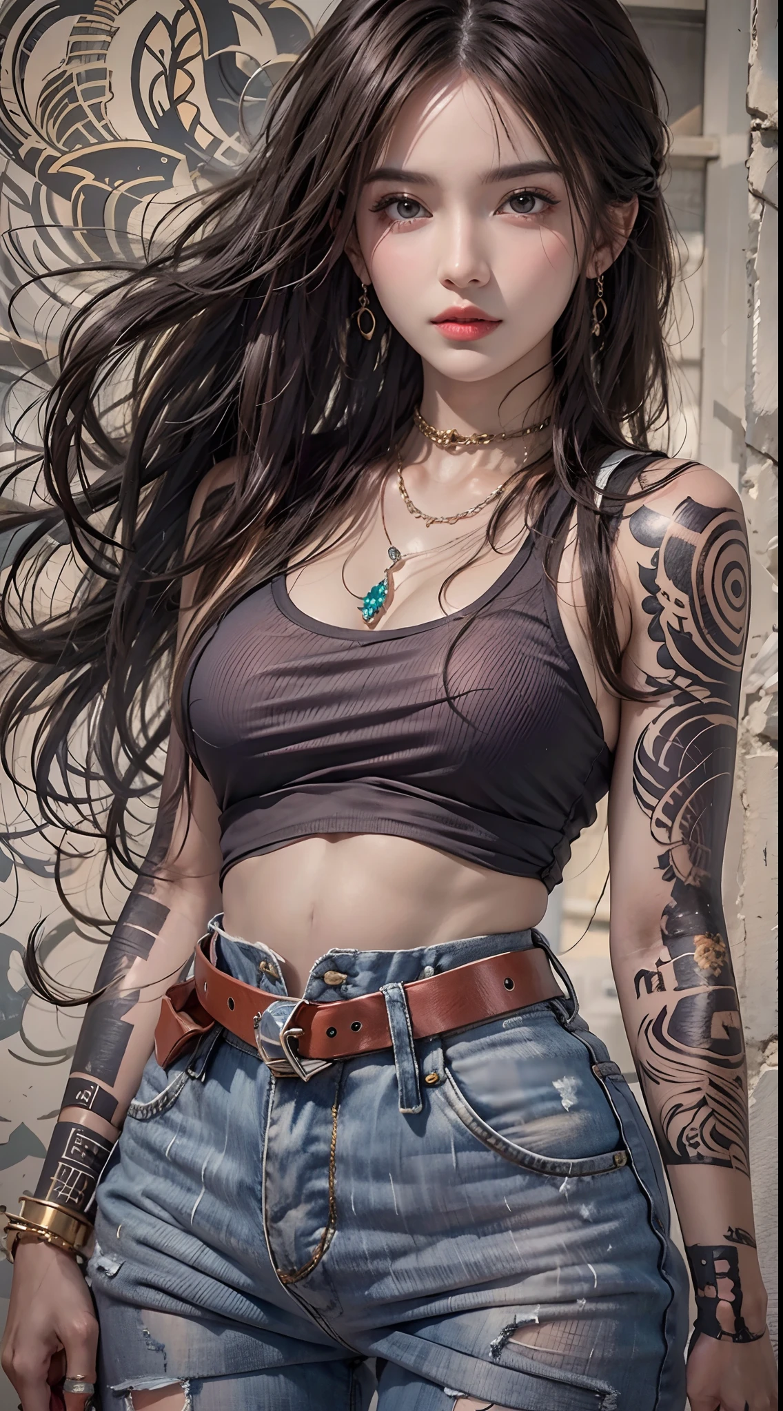 high resolution, 1 woman, hips up, Beautiful eyes, Long hair, jewelry, tattoo, street wear