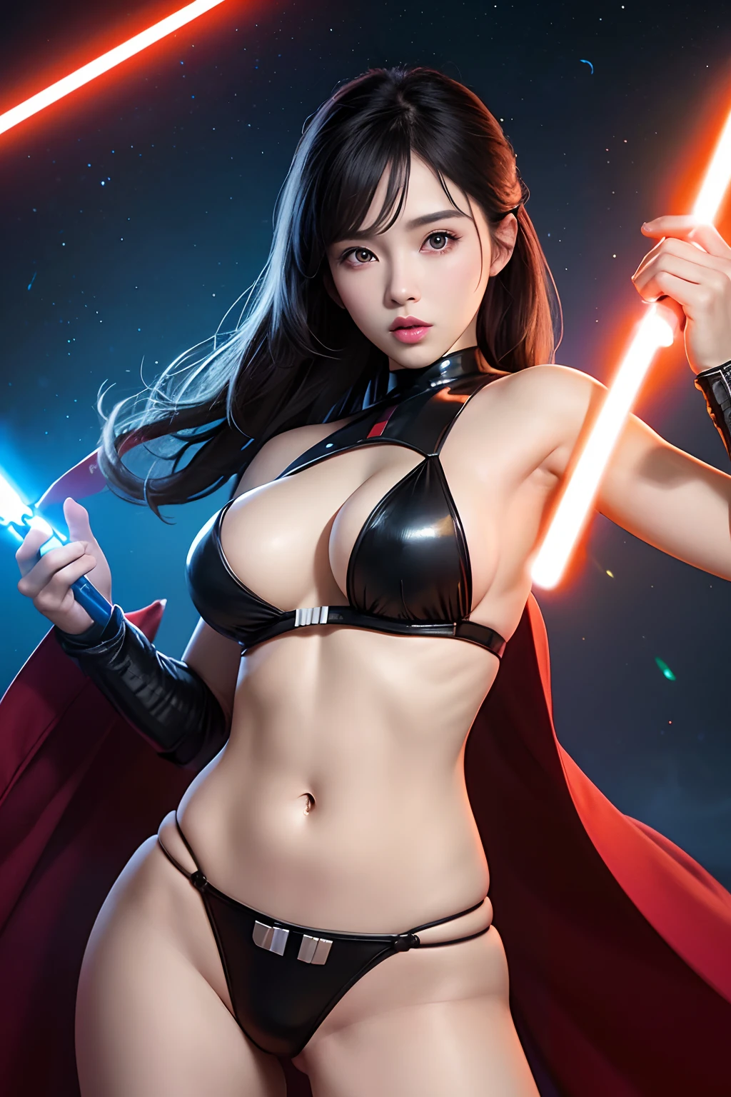 araffe star wars sexy woman with lightsabed sword in a bikini, amouranth, skywalker, better known as amouranth, female jedi, with lightsaber sword, amouranth as a super villain, holding lightsaber 4 k, with light-saber, star wars character, holding a lightsabre. splash art, rey, korean girl, beautiful young korean woman, korean woman, heonhwa choe , big breast, show breast, light black hair