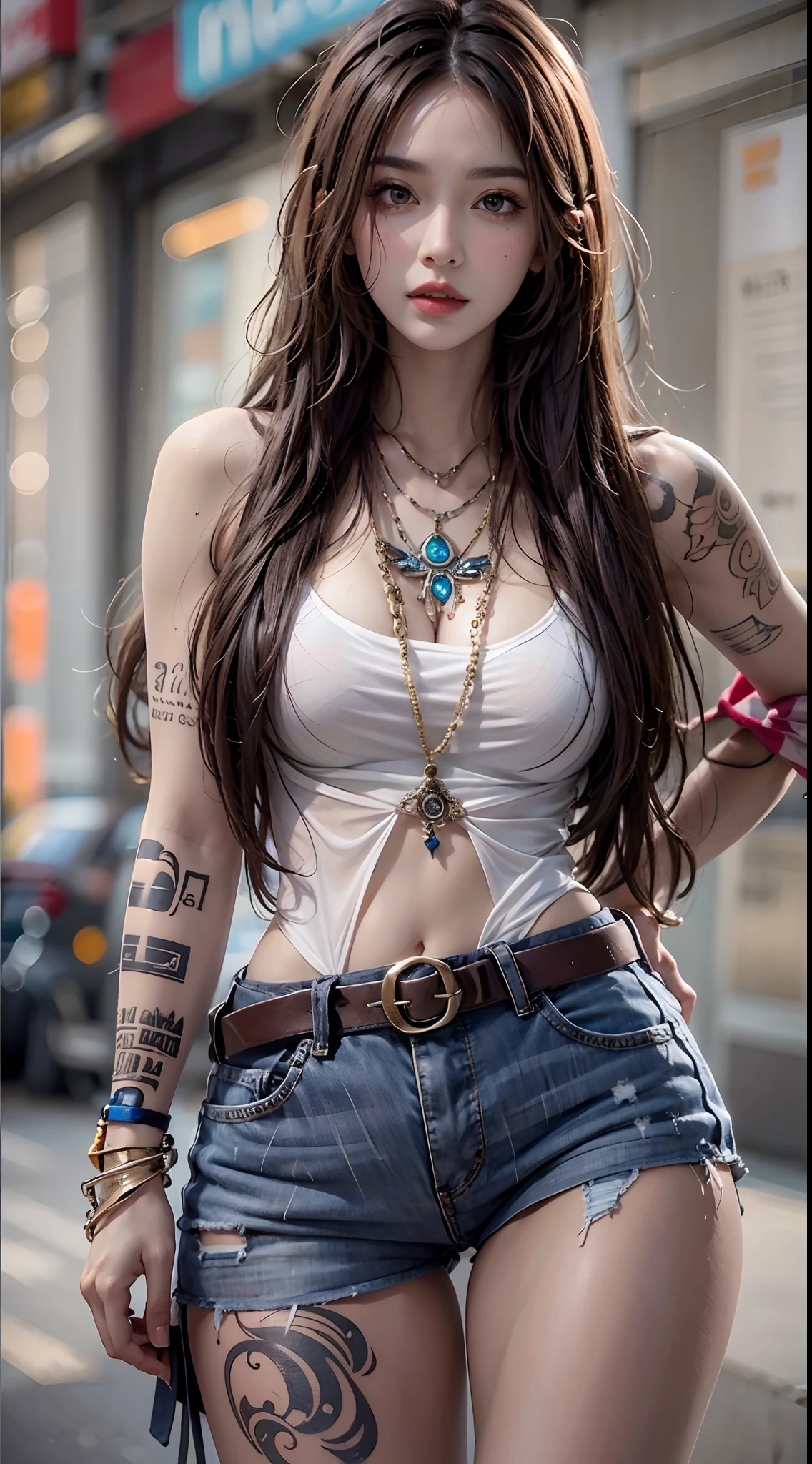 high resolution, 1 woman, hips up, Beautiful eyes, Long hair, jewelry, tattoo, street wear
