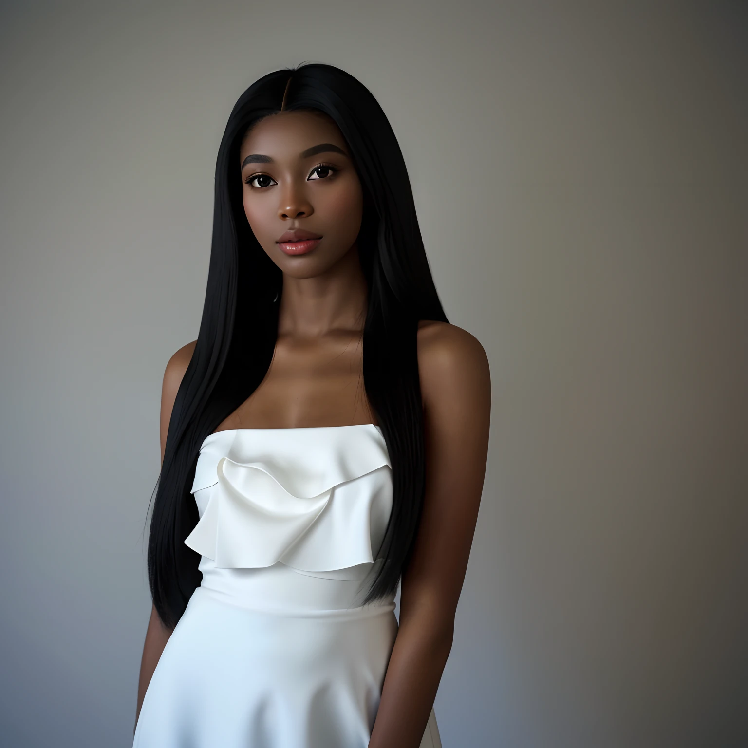Make a black woman with straight hair in an elegant white dress at an art galary