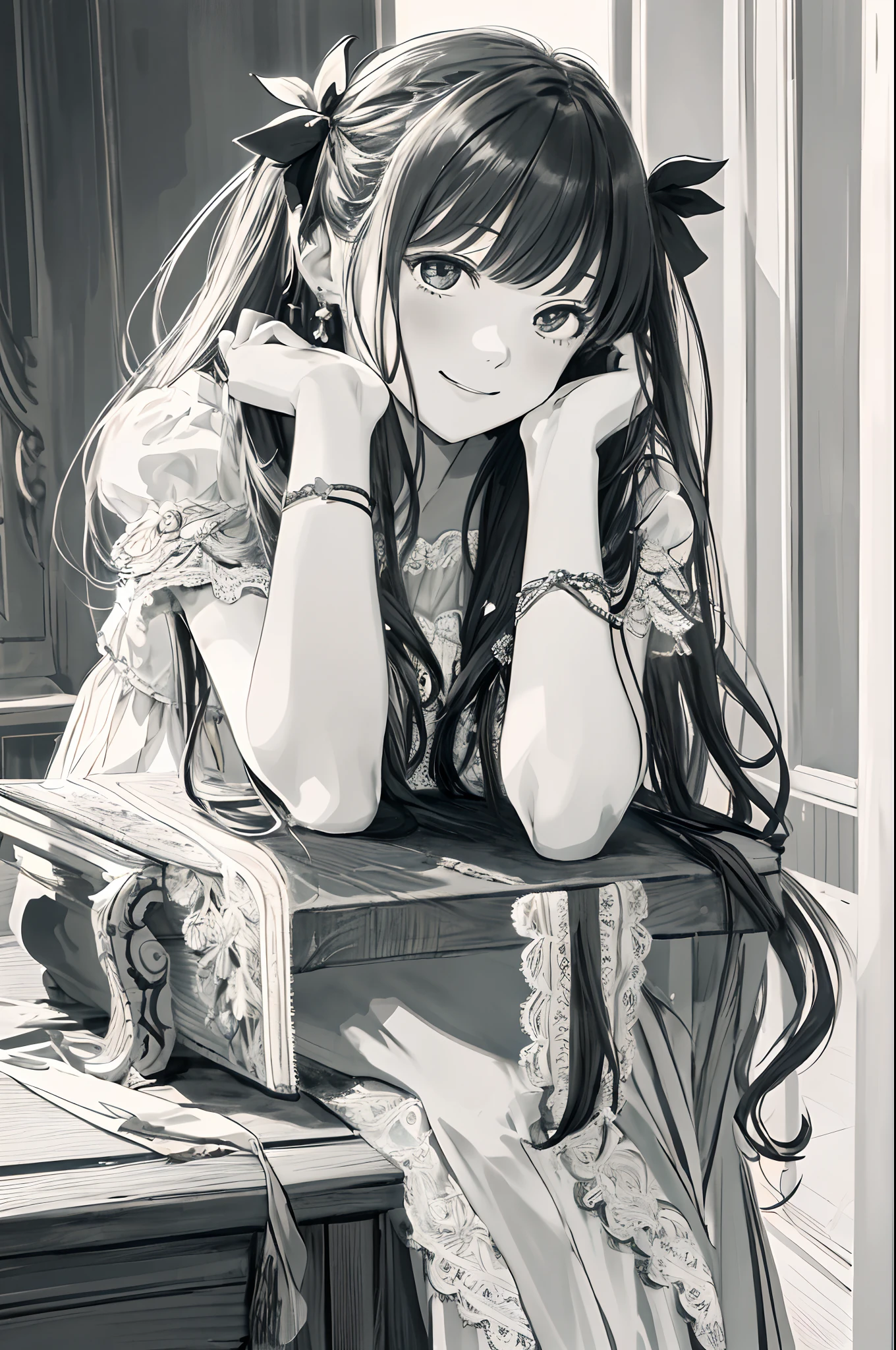 masterpiece, best quality, 1girl, solo, long_hair, looking_at_viewer, smile, dress, ribbon, jewelry, very_long_hair, hair_ribbon, flower, bracelet, two_side_up, hand_on_own_face, head_rest, hand_on_own_cheek, lineart, monochrome,