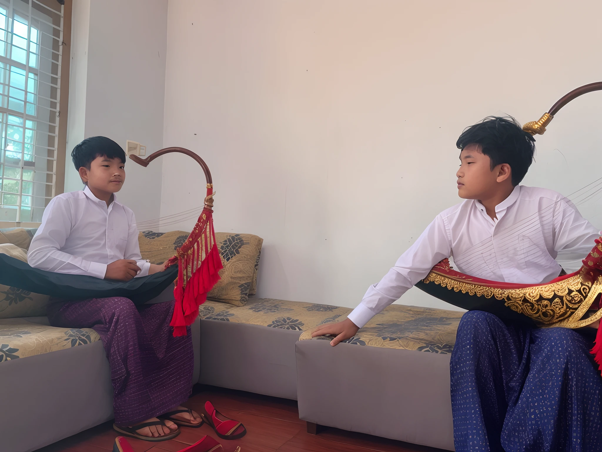 Burmese two boy are playing Myanmar traditional harpies
