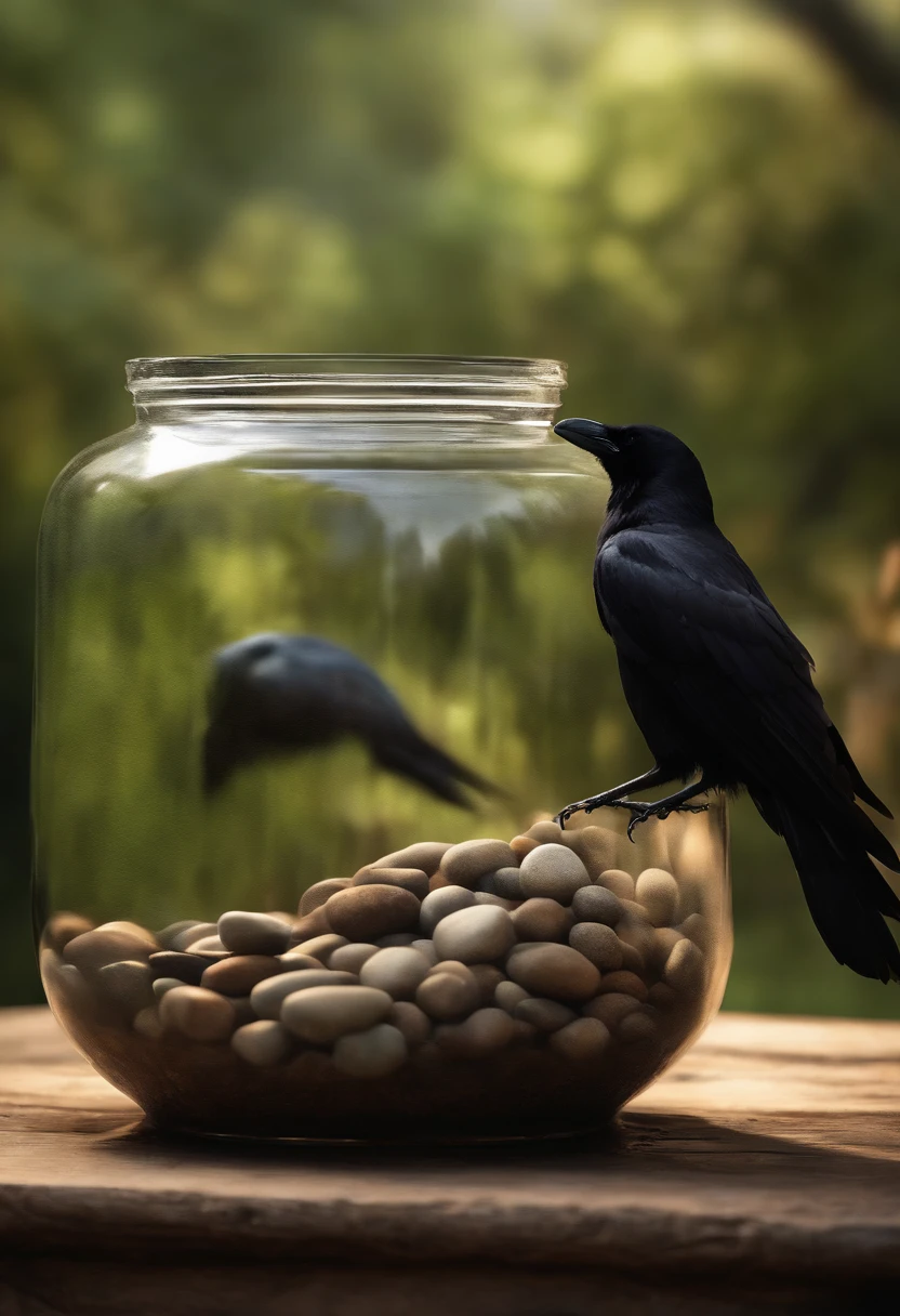 (best quality,highres:1.2),(realistic:1.37),detailed illustration,landscape,black crow picks up the same stones around the identical jar and puts them into the identical jar，water starts to flow out, and the black crow drinks from the water,blurry surroundings,long shadows,dramatic lighting,subtle color hues