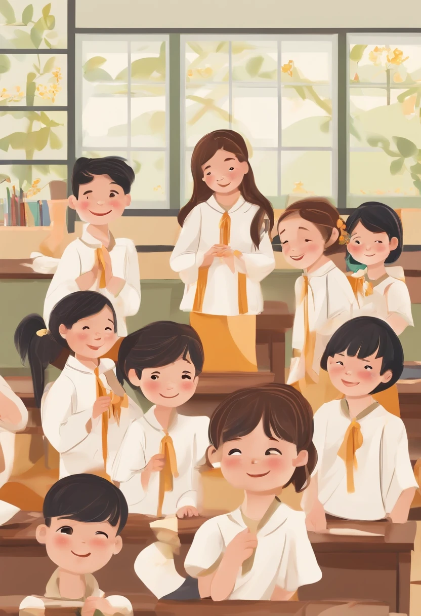 Create an illustration of a group of students gathered in front of a classroom. The boys in the group should be wearing white shirts, and the girls should be wearing traditional white Vietnamese ao dai. The scene should be depicted in a cheerful and cartoonish style, with bright colors and a sense of camaraderie among the students. Please ensure that the classroom setting is visible in the background, and the students are shown in a lively and engaging pose