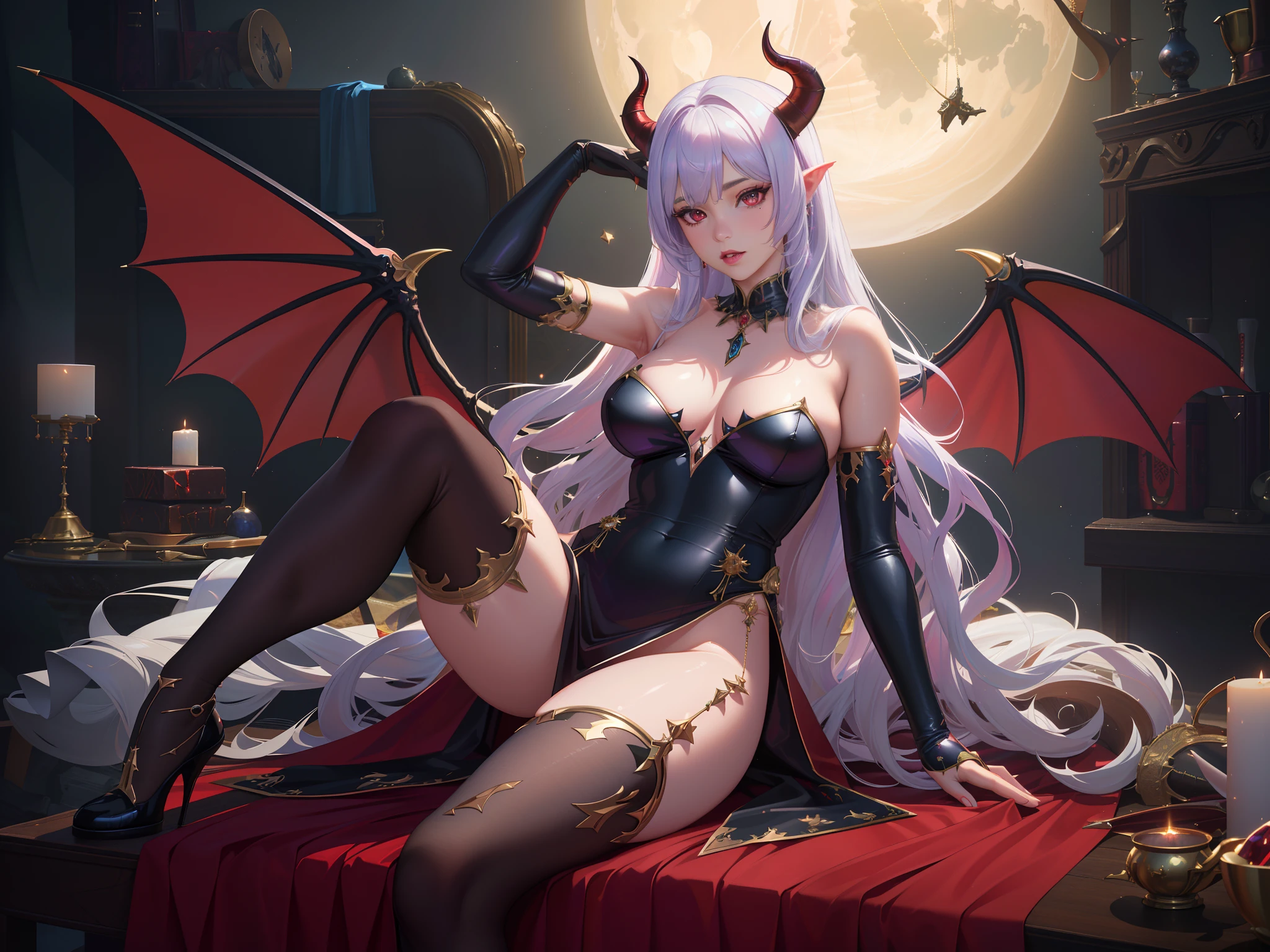 (best quality,4k,8k,highres,masterpiece:1.2),ultra-detailed,(realistic,photorealistic,photo-realistic:1.37),succubus,demon horns,demon wings,demon tail,illustration,black chiffon dress with a cape,long satin gloves,moon-shaped pendant,crystal wand,pointy hat