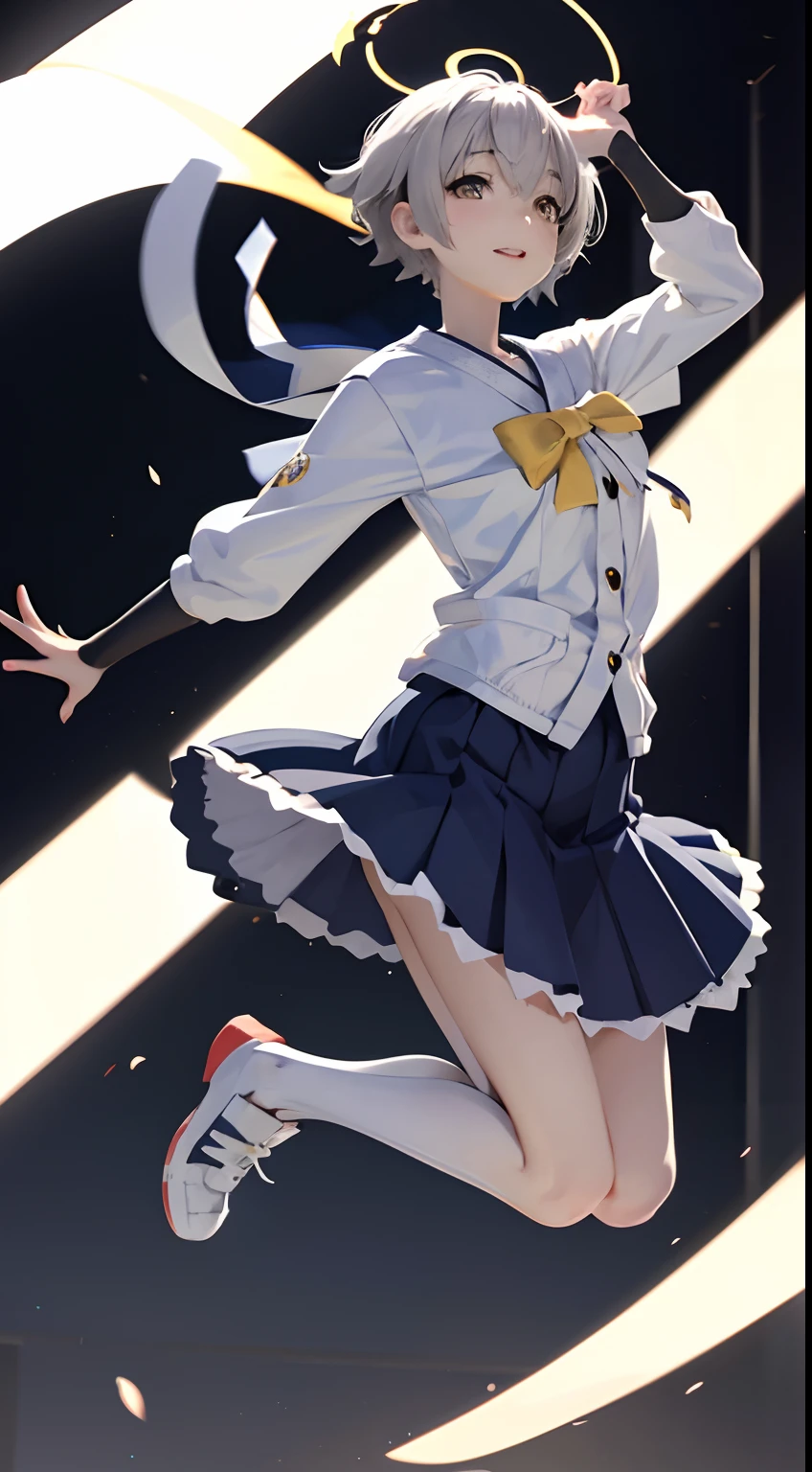 2d Ilustration, full body, anime girl, wearing japan uniform, wide shot, long shot, cute, gray hair, short hair, ahego hair , happy expression, jump, Idol