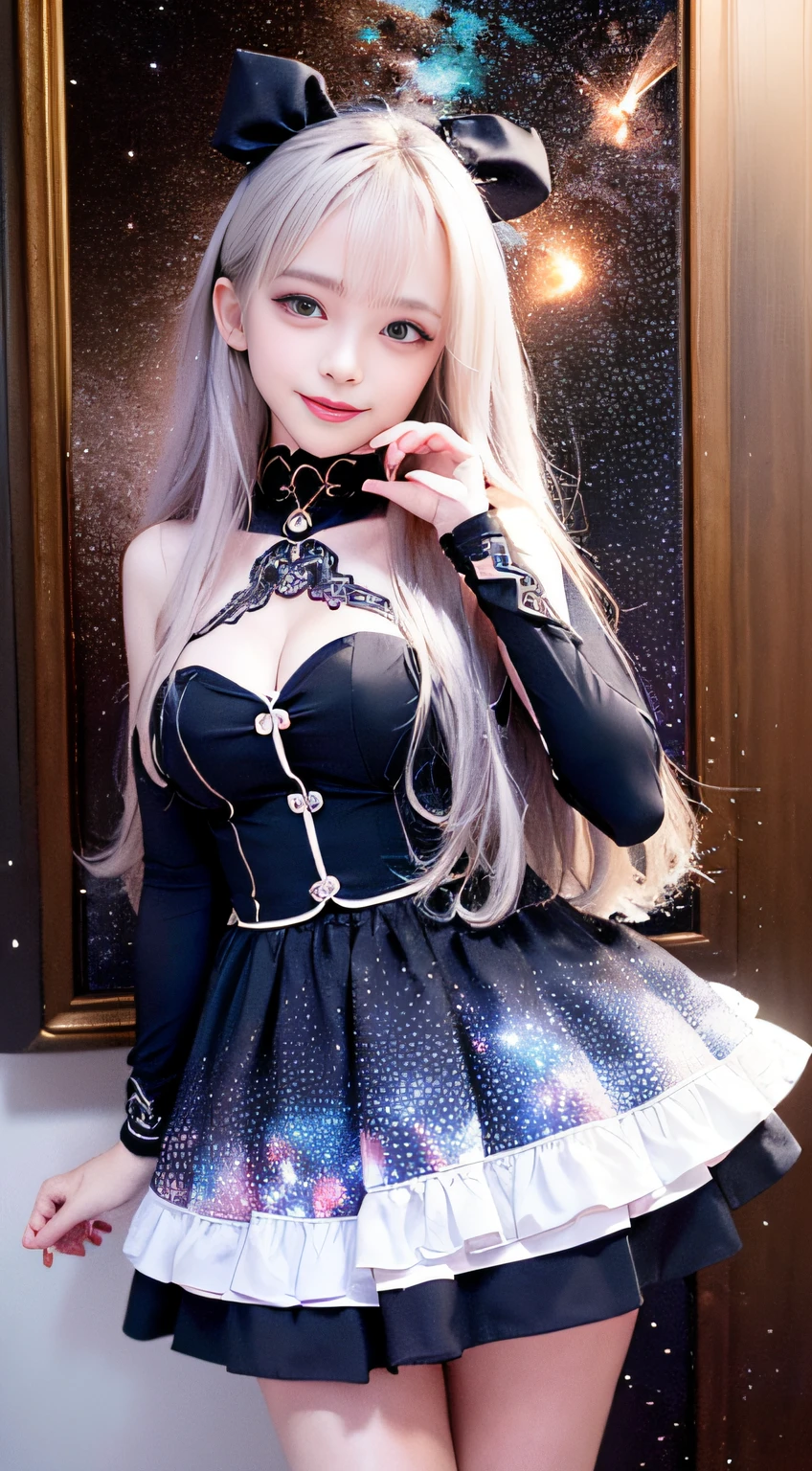 8k, (ultra hd:1.2), (masterpiece:1.5), 1 girl, cute face, very long hair, detailed eyes, small bust, baby doll costume, (silver costume:1.4), (retro filters:1.4), (fantasy:1.4), (candy world Disney land:1.5), ethereal soft fluffy soft landscape background, hyper realistic Ultra quality cinematic lighting, immense detail, Full hd, perfect body,