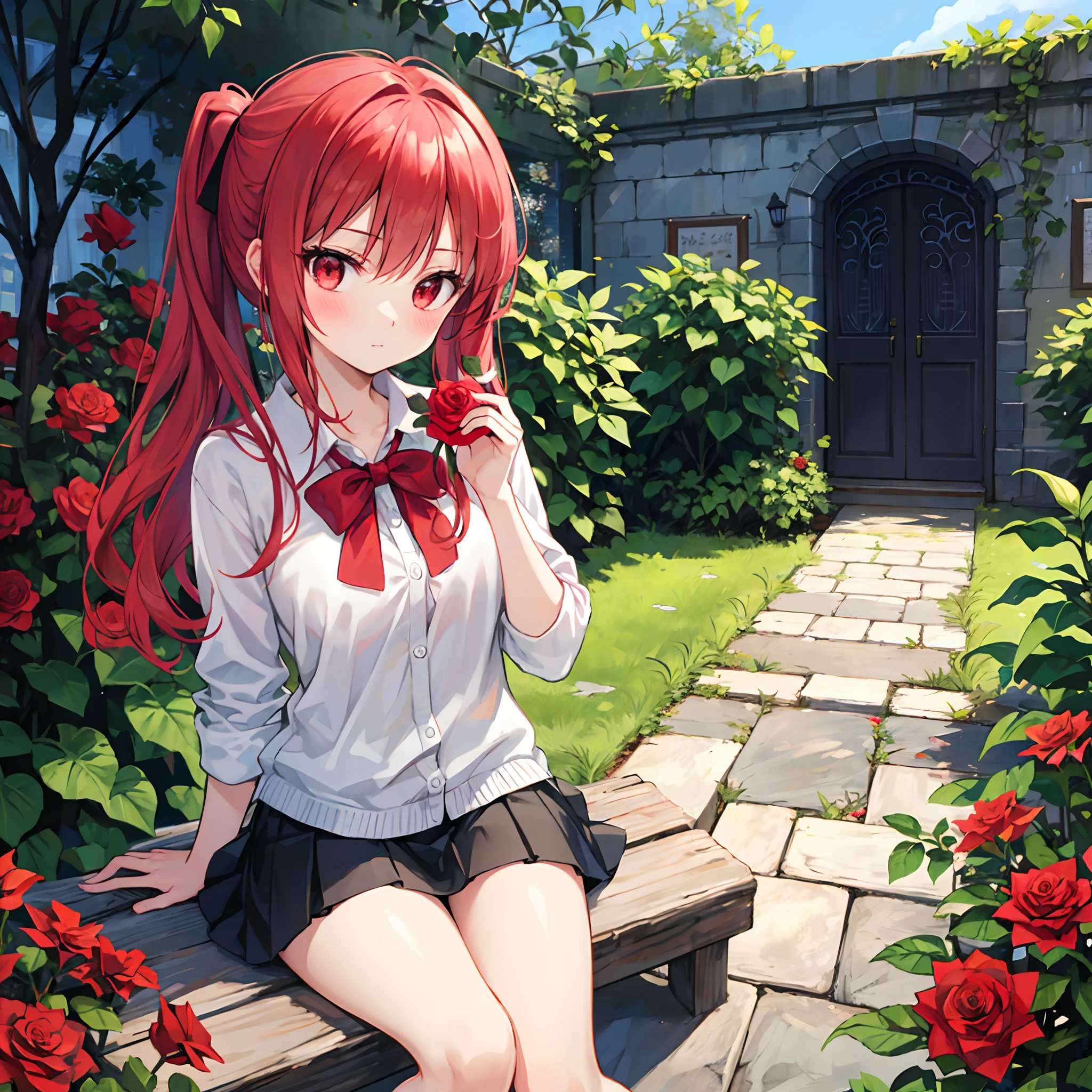 Red hair、Hair is up、red eyes、Beautiful girl alone、doress、a miniskirt、Bright red rose garden、sitting on