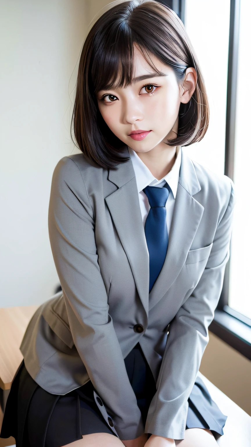 ulzzang-6500-v1.1, (raw photo:1.2), (photorealistic:1.4), beautiful detailed girl, very detailed eyes and face, beautiful detailed eyes, ridiculous, incredibly ridiculous, huge file size, super detailed, high resolution, very detailed, best quality, masterpiece, kemomimi, ((Japanese girls' high school uniform)), illustration, very detailed, CG, unified, 8k wallpaper, amazing, Fine details, masterpiece, best quality, very detailed CG uniform 8k wallpaper, light on face, cinematic lighting, 1girl, 16 years old, (()), ((dynamic pose))), (camel toe), (half), (pantyhose), (knee-bending leg sitting))