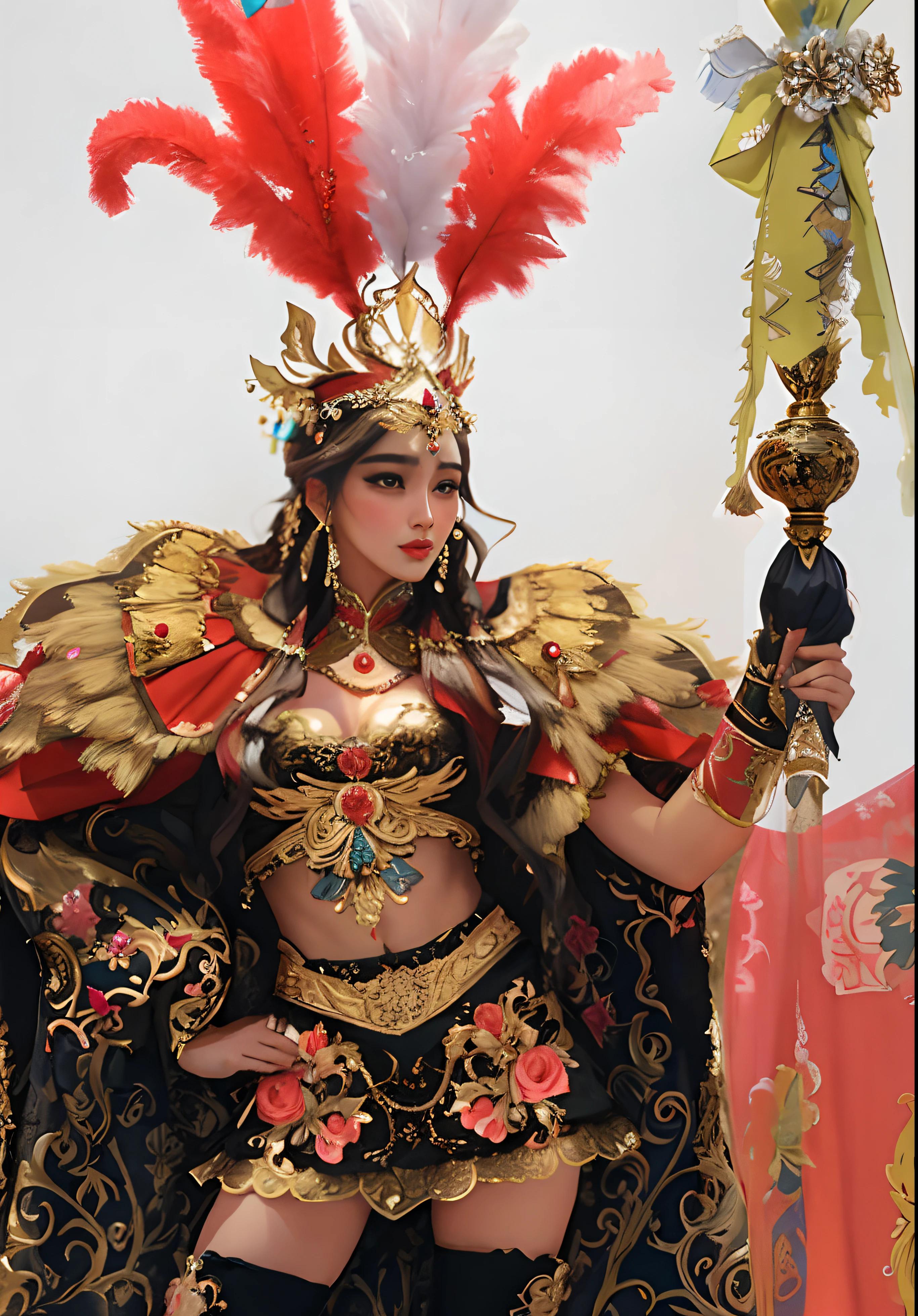 Un primer plano de una mujer disfrazada sosteniendo un poste, Disfraz elaborado, Llevar un atuendo adornado, Traje tradicional, Hermoso disfraz, Usar ropa ornamentada, elaboradamente disfrazado, authentic costume, cosplay adornado, Vestimenta tradicional, a beautiful empress of fantasy, celebration costume, Traje chino, profusamente vestido, vestido de emperador, Vestimenta ornamentada, Intricate costume design, Ropa tradicional