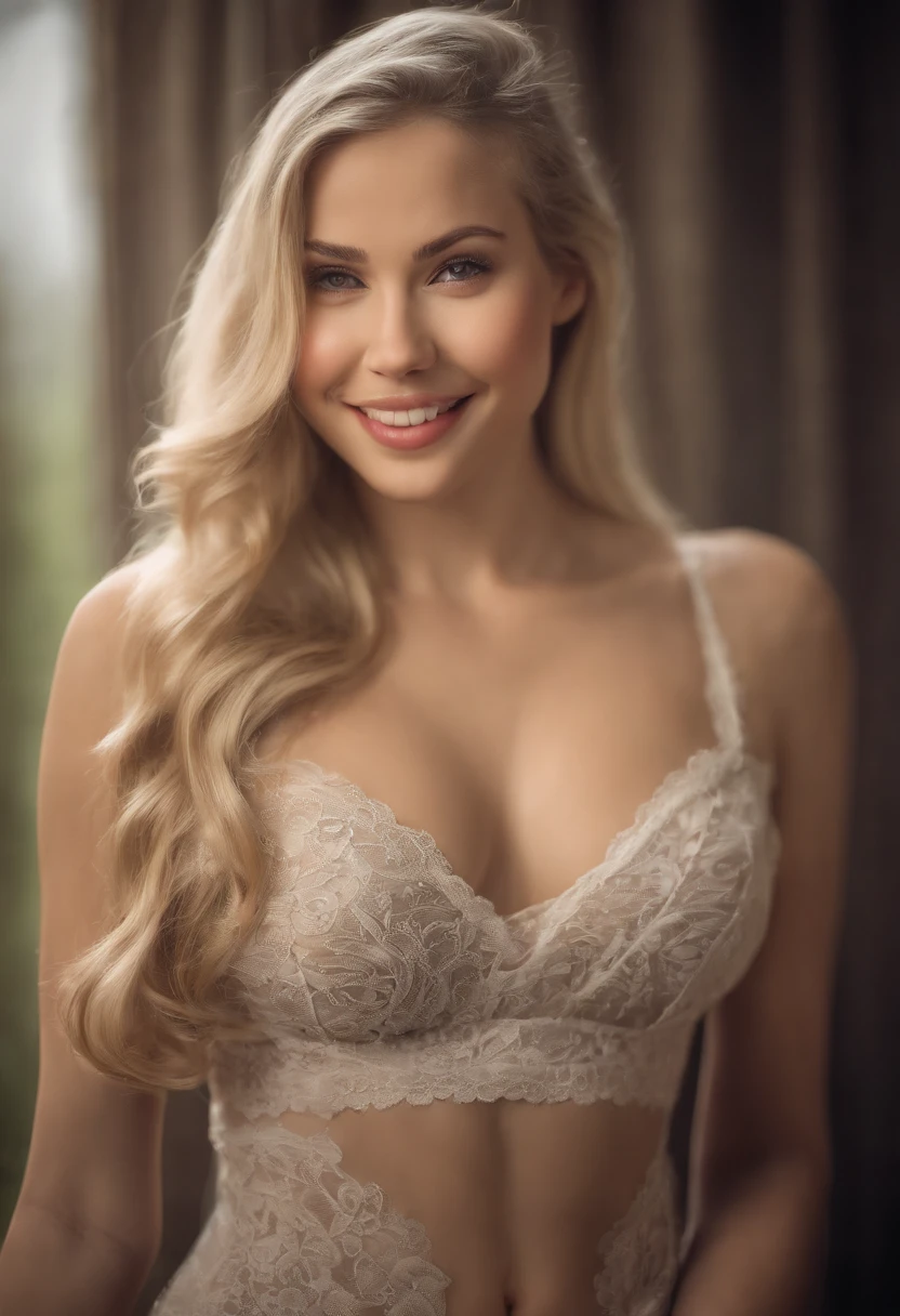 professional, (4k photo:1.1) by (Jeremy Lipking:0.3), (Dittmann Anna:0.3), (Arian Mark:0.3), (Sharp focus:1.3), high detail, beautiful detailed face, hazel eyes, long blonde hair, (attractive young woman:1.3), (seductive:1.1), (blushing:1.1), hourglass body shape, large round big breasts, wide thicc hips, blonde goddess, smiling seductively, pretty face, perfect white haired girl, satisfied pose, cute seductive smile, beautiful blonde girl, good young girl, beautiful angle, attractive pose, cute girl, sexy pose, a gorgeous blonde, full body picture, full body, full body shoot, wearing lace lingerie and stockings