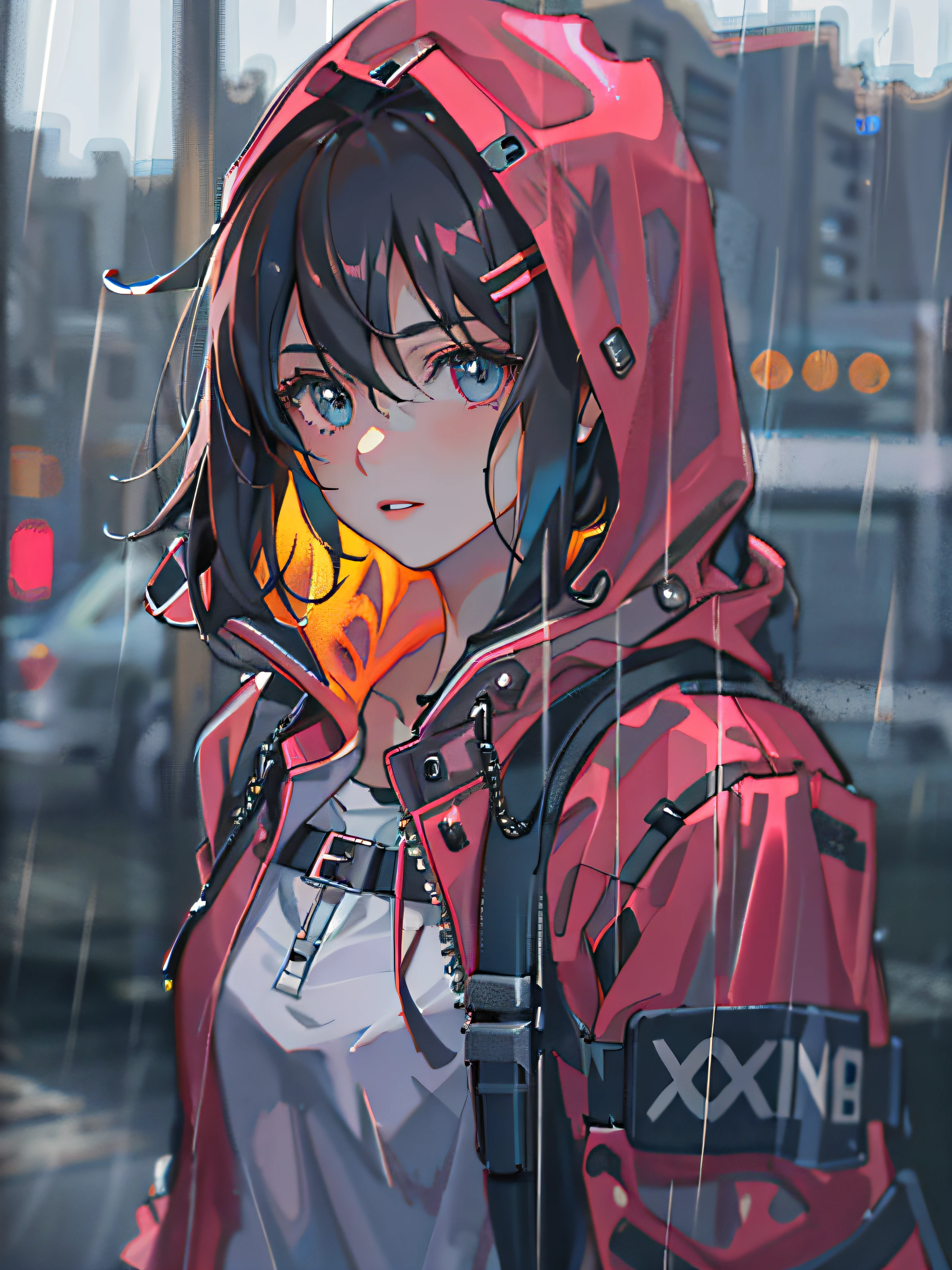 1girl, jacket, rain, outdoor, hoodie, open jacket, chain, backpack, looking at another, messy hair, trending on artstation, 8k resolution, highly detailed, anatomically correct, sharp image, digital painting, concept art, trending on pixiv, style of makoto shinkai,