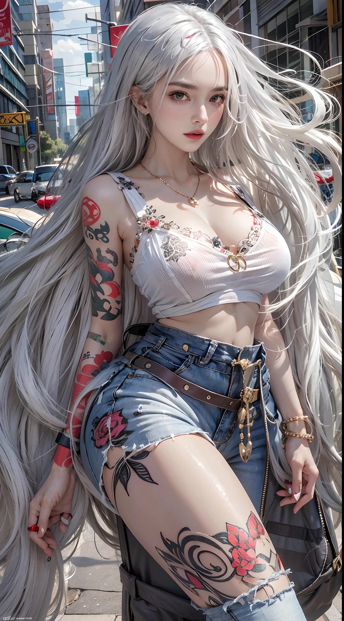 high resolution, 1 woman, hips up, Long hair, jewelry, tattoo, white hair, street wear