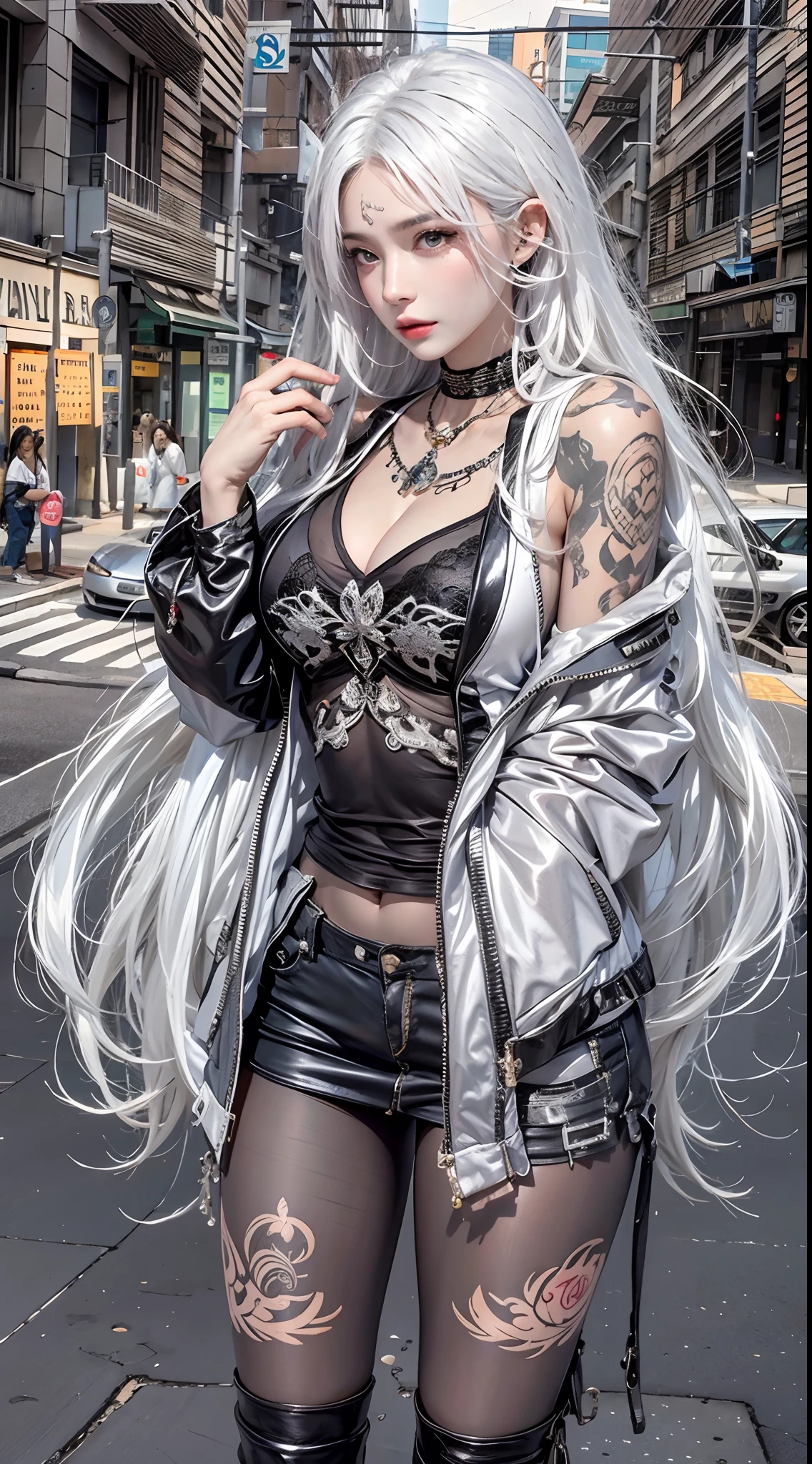 high resolution, 1 woman, hips up, Long hair, jewelry, tattoo, white hair, street wear