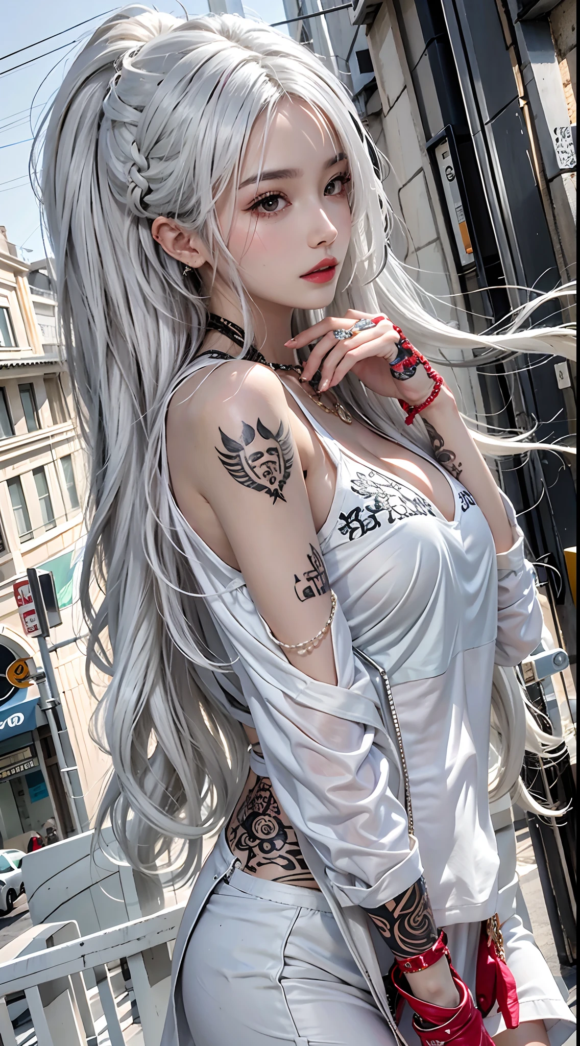 high resolution, 1 woman, hips up, Long hair, jewelry, tattoo, white hair, street wear