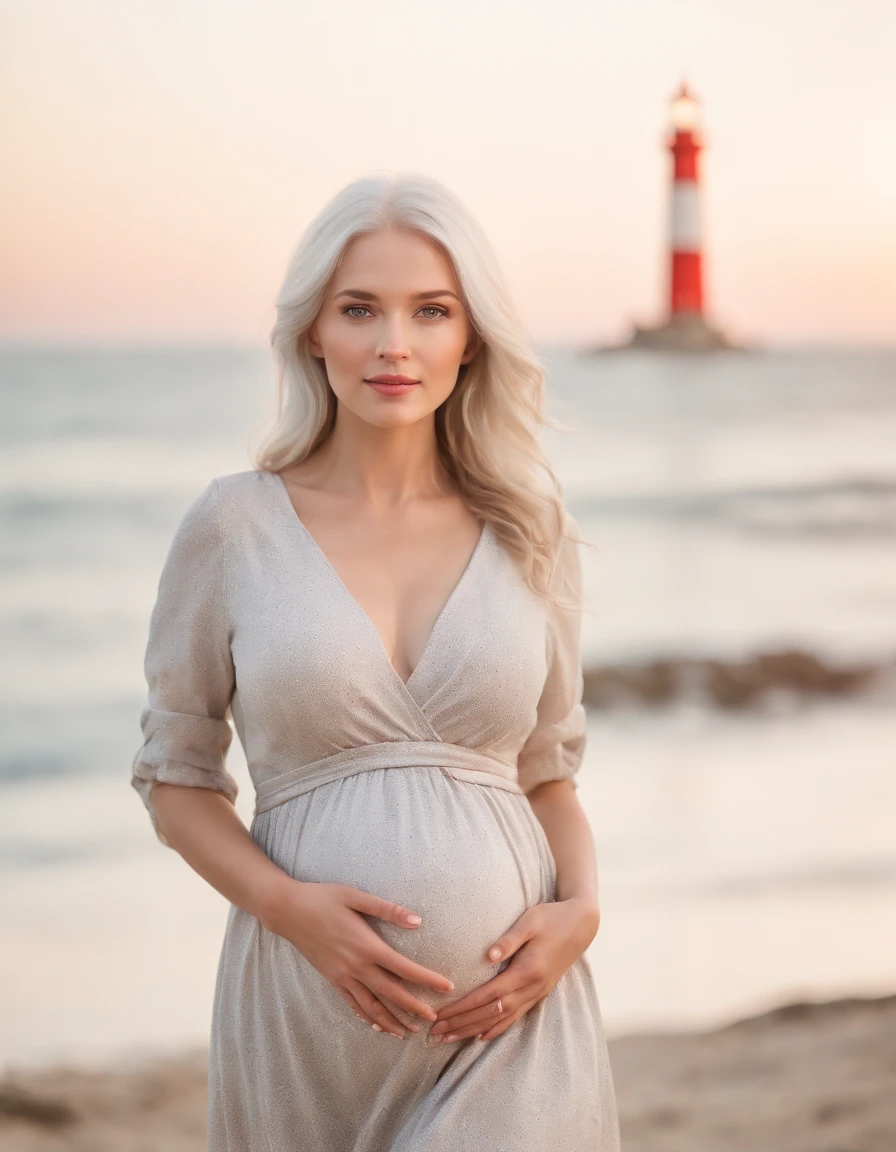 pregnant woman in dress printed with striped,Coastal beauty,(white hair), (bright eyes, sun-kissed skin, carefree expression),sandy beach background, lighthouse, gentle sea breeze,golden hour lighting, blurred background, rich colors, fine details, hyperrealistic, relaxed atmosphere. natural blurry