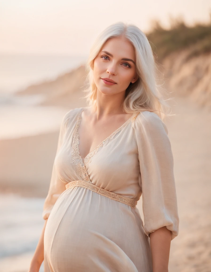 pregnant woman in (dress printed with striped),Coastal beauty,(white hair), (bright eyes, sun-kissed skin, carefree expression),sandy beach background, lighthouse, gentle sea breeze,golden hour lighting, blurred background, rich colors, fine details, hyperrealistic, relaxed atmosphere. natural blurry