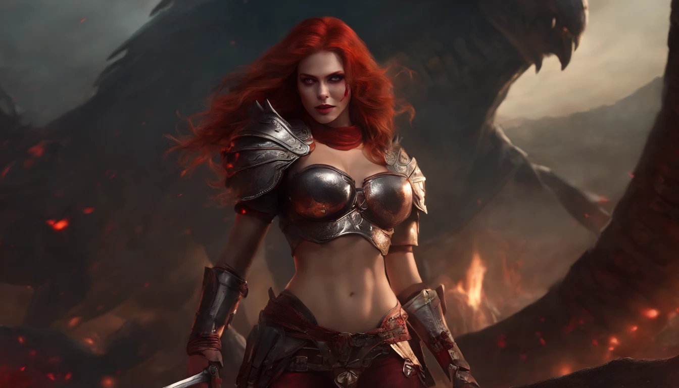 ((masterpiece)), ((best quality)), 1girl, red hair, toned body, claws, red eyes, bra bandages, armor from the waist down, blood, ecstatic smile of madness, villainess eyes, war scene, dead bodies, blood moon
