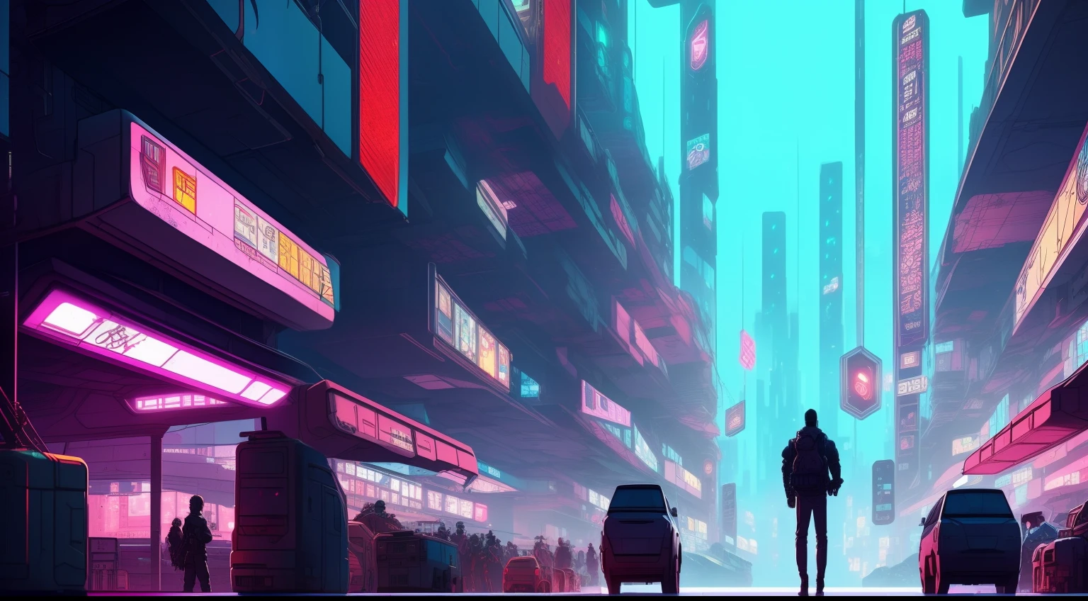 a cyberpunk man standing in a cyberpunk city environment, lofi art, lofi anime art, illustration, Cartooncore, Dazecore, artstation, deviantart --v 4