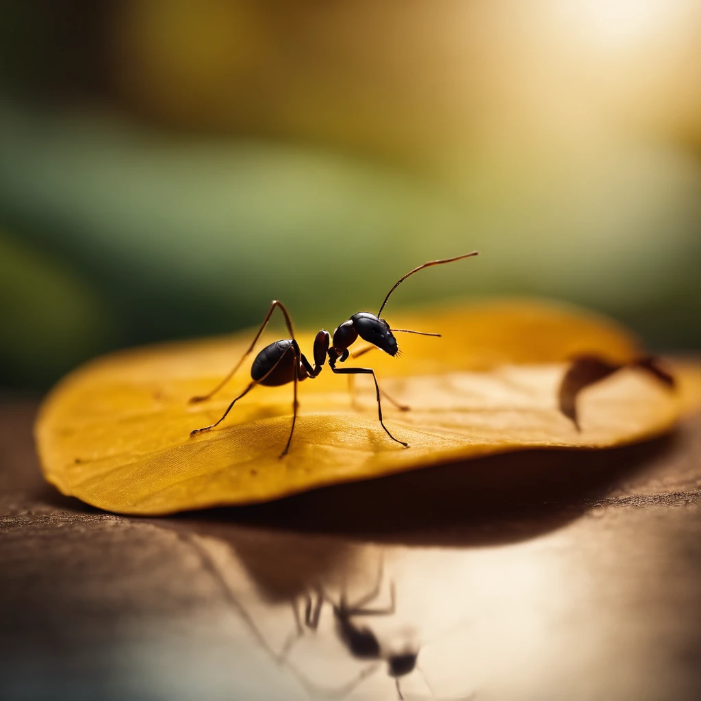 an ant standing on a piece of a golden floating leaf
