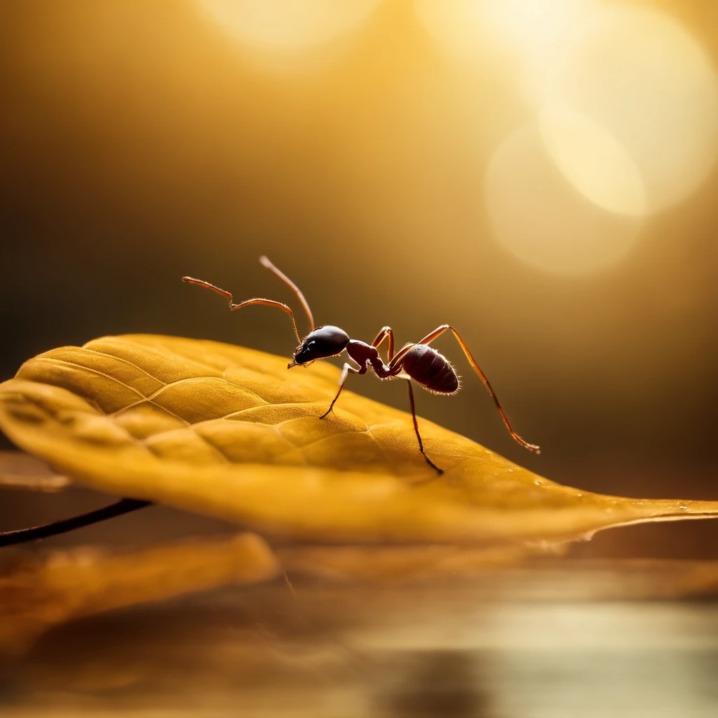 an ant standing on a piece of a golden floating leaf