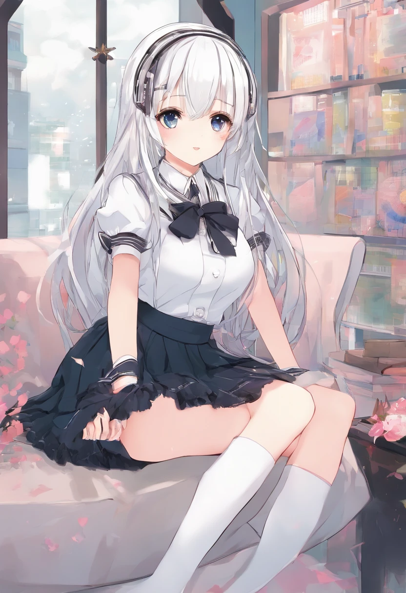 a cute ,Long straight white hair,Short white sleeves and short black skirt open navel,duck sitting,Cyan vertical pupils,Wearing white stockings