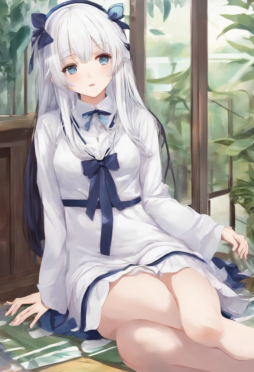 a cute li,Long straight white hair,Short white sleeves and short black skirt open navel,duck sitting,Cyan vertical pupils,Wearing white stockings