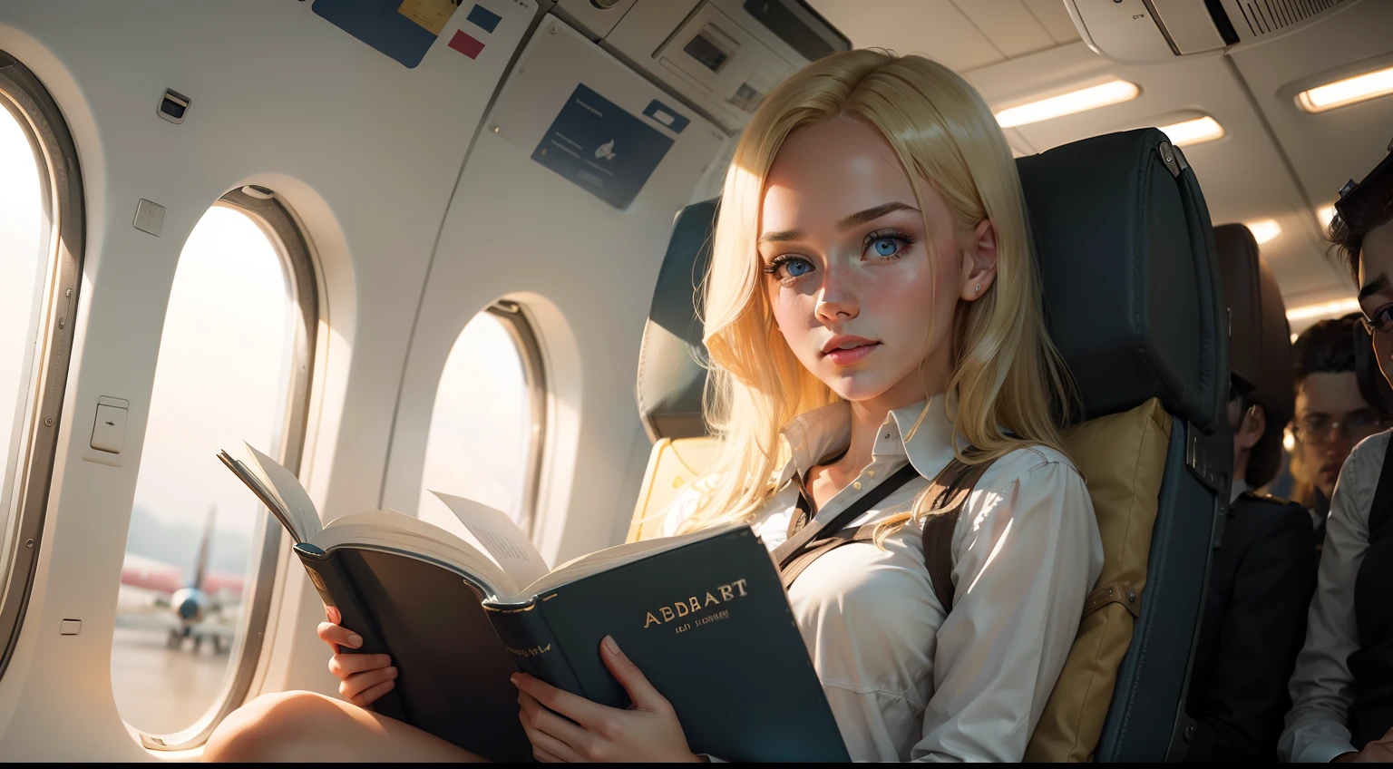 Abigail, a blonde hair young woman, inside a plane, reading a book