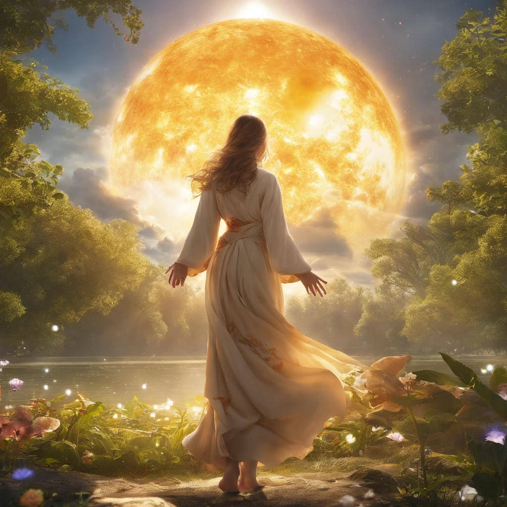 **Character characteristics：**
- The character is a woman，Has a gentle face，Smooth skin，The skin color reflects the warmth of the sun。
- She wears a bright gold robe，Reflects the color of the sun。

**Sun and background：**
- The Sun is a huge, bright sphere，Occupies the center of the frame。
- There is a warm halo around the sun，Form a brilliant flare。
- The background is the starry sky in the universe，The sun shines on the stars in the universe。

**Character postures and expressions：**
- Figures sitting on the surface of the sun，legs crossed，Straighten your body，The expression is full of peace and joy。
- She smiled，Bright eyes，It is as if interacting and merging with the sun。

**Atmosphere and emotion：**
- The picture conveys tranquility、Happiness and the emotion of being one with nature。
- This scene emphasizes the sacredness of the sun and the radiance of life。
- The picture conveys an optimistic and positive message，People are encouraged to look for light and hope。