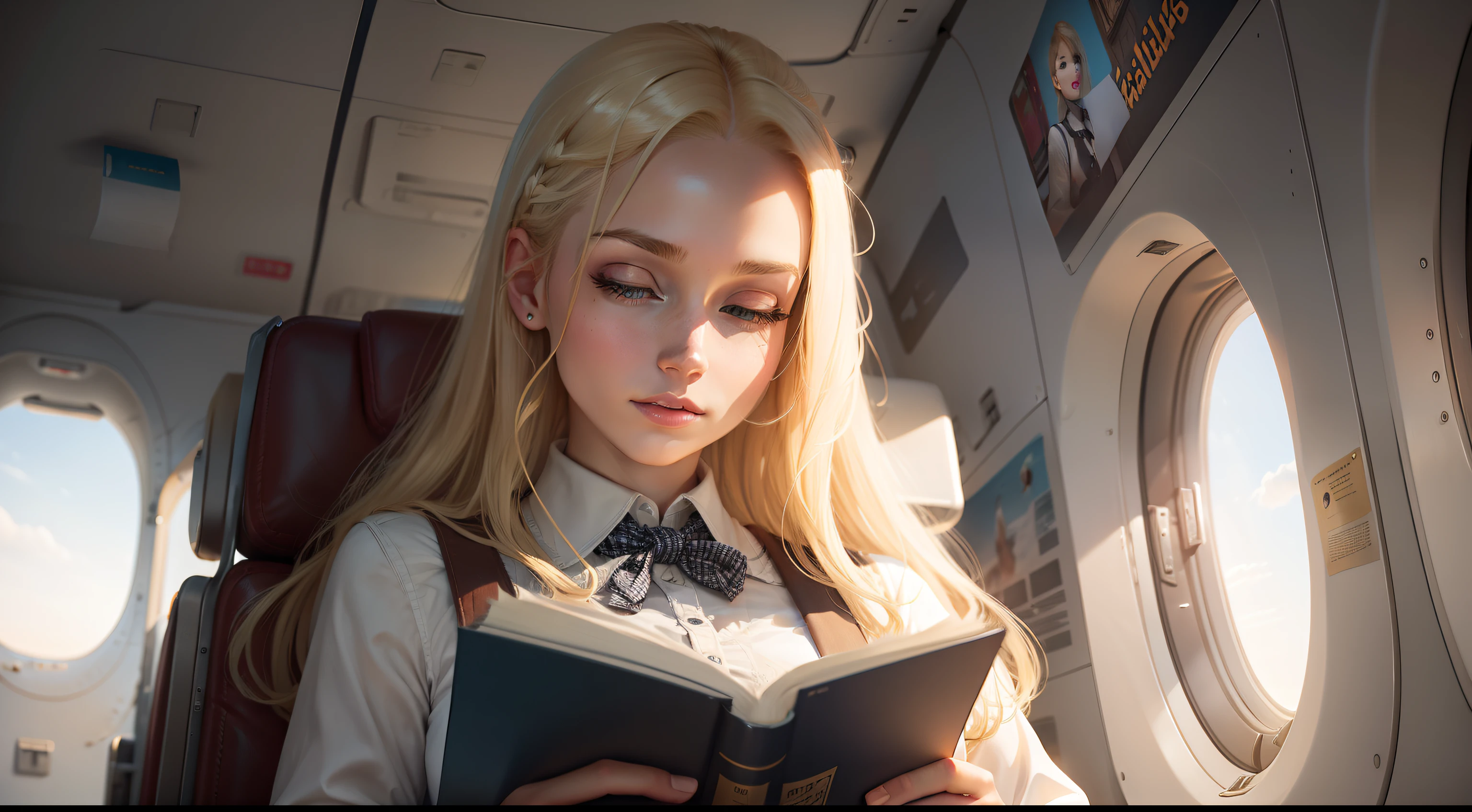 Abigail, a blonde hair young woman, inside a plane, reading a book